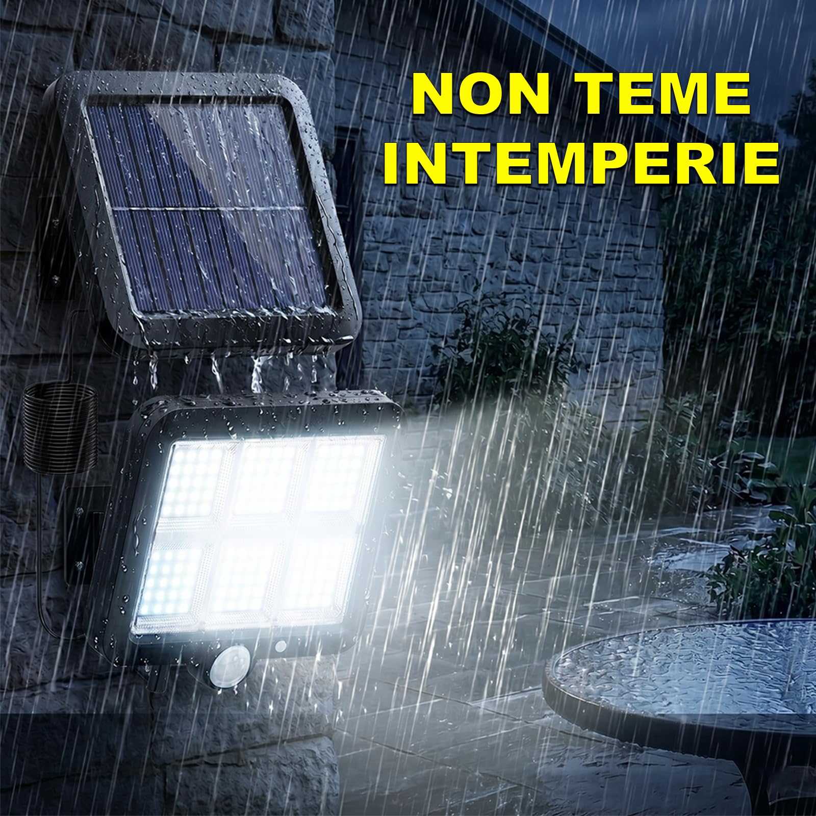Kit 5 Faretti Solari LED da Esterno con Sensore di Movimento e Crepuscolare Automatico, Pannello Separato, Telecomando, Impermeabile IP66, Luce Potente per Giardino, Garage, Cortile, Strada, Vialetti