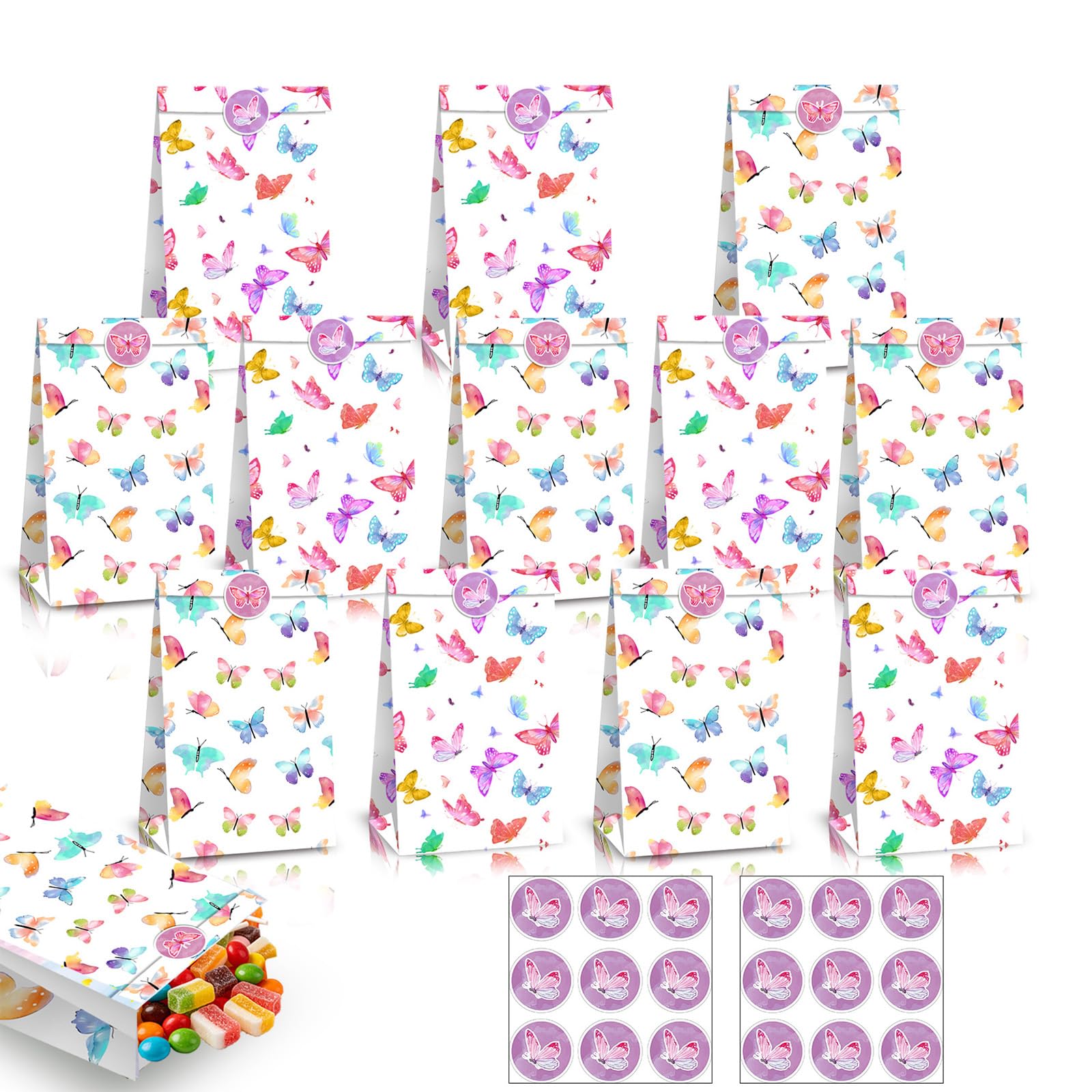 12Pcs Paper Party Bags for Kids Party, 22x12x8cm Butterfly Small Gift Bag Candy Goodie Treat Bags with 18 Stickers for Girls Boys Birthday Butterfly Spring Theme Parties Bag favours Presents