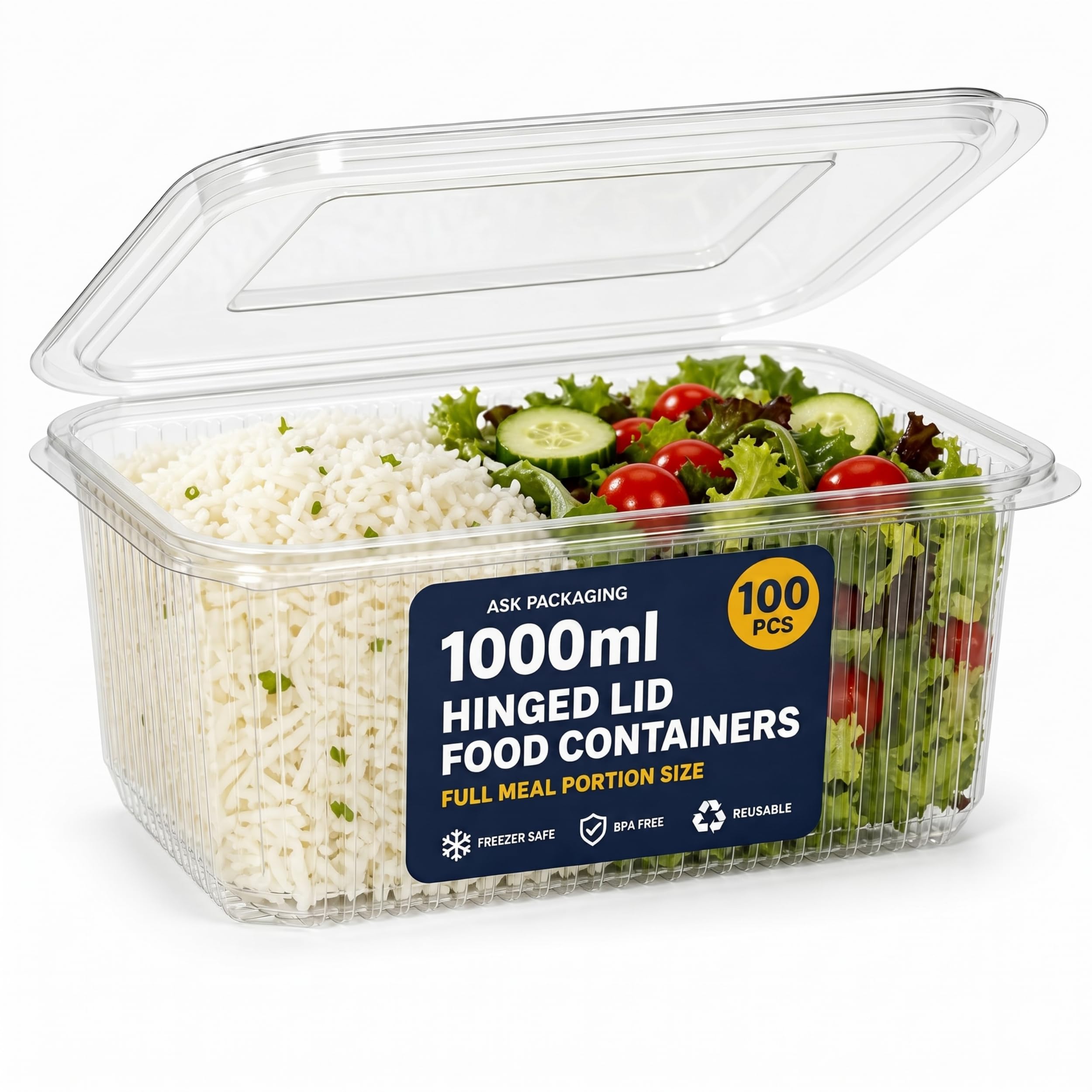 Ask Packaging 100 x 1000ml Clear Food Containers with Lids Reusable – Hinged Lid Takeaway Containers, Re-usable, BPA-Free, Freezer Safe, Stackable – Full Meals, Catering & Deli Portions