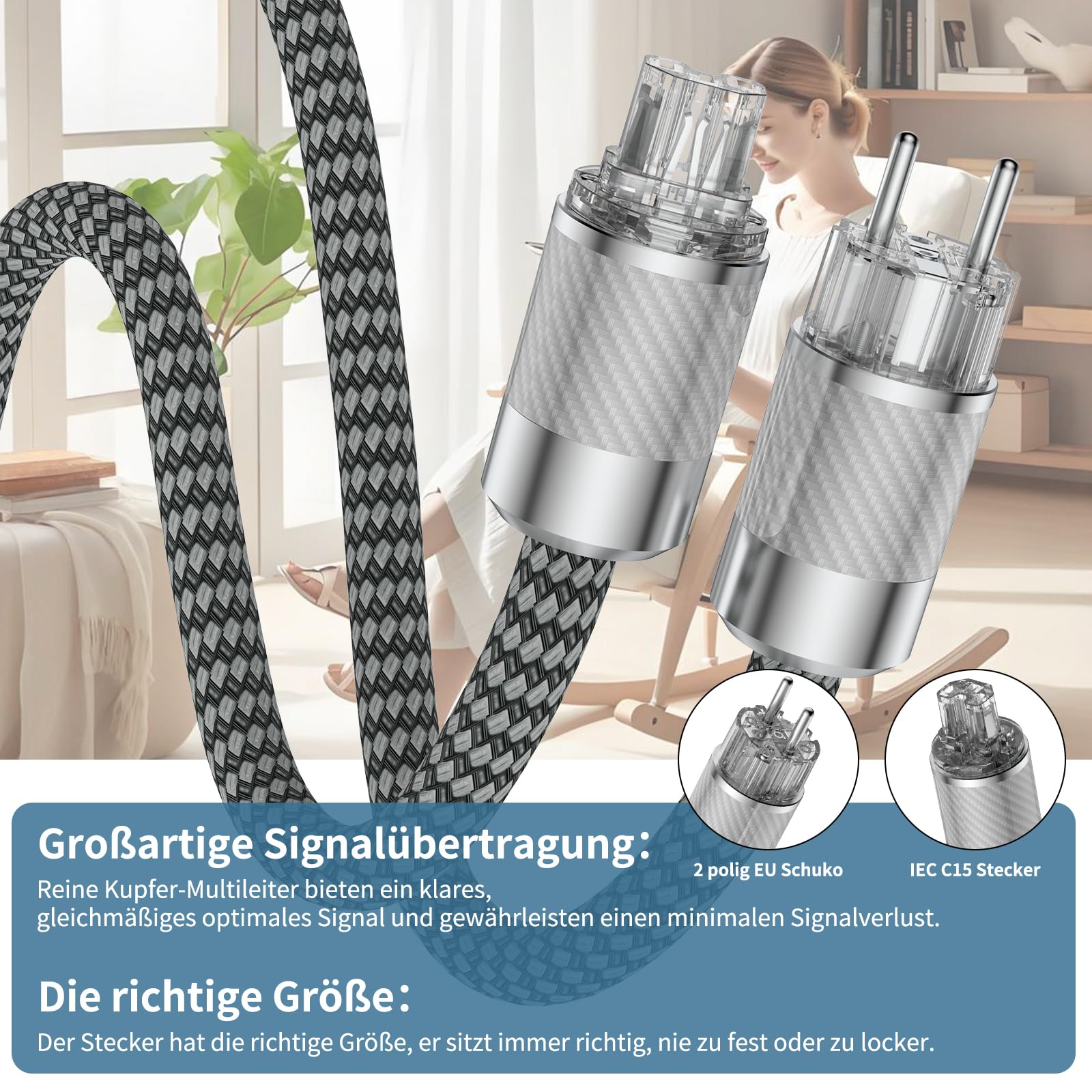 High End Netzkabel, HiFi Stromkabel, 2 polig OFC AC Audiophil Kaltgerätekabel, EU Schuko+IEC C15 Buchsestecker für DVD/Verstärker/Decoder/Subwoofer/AMP-2M