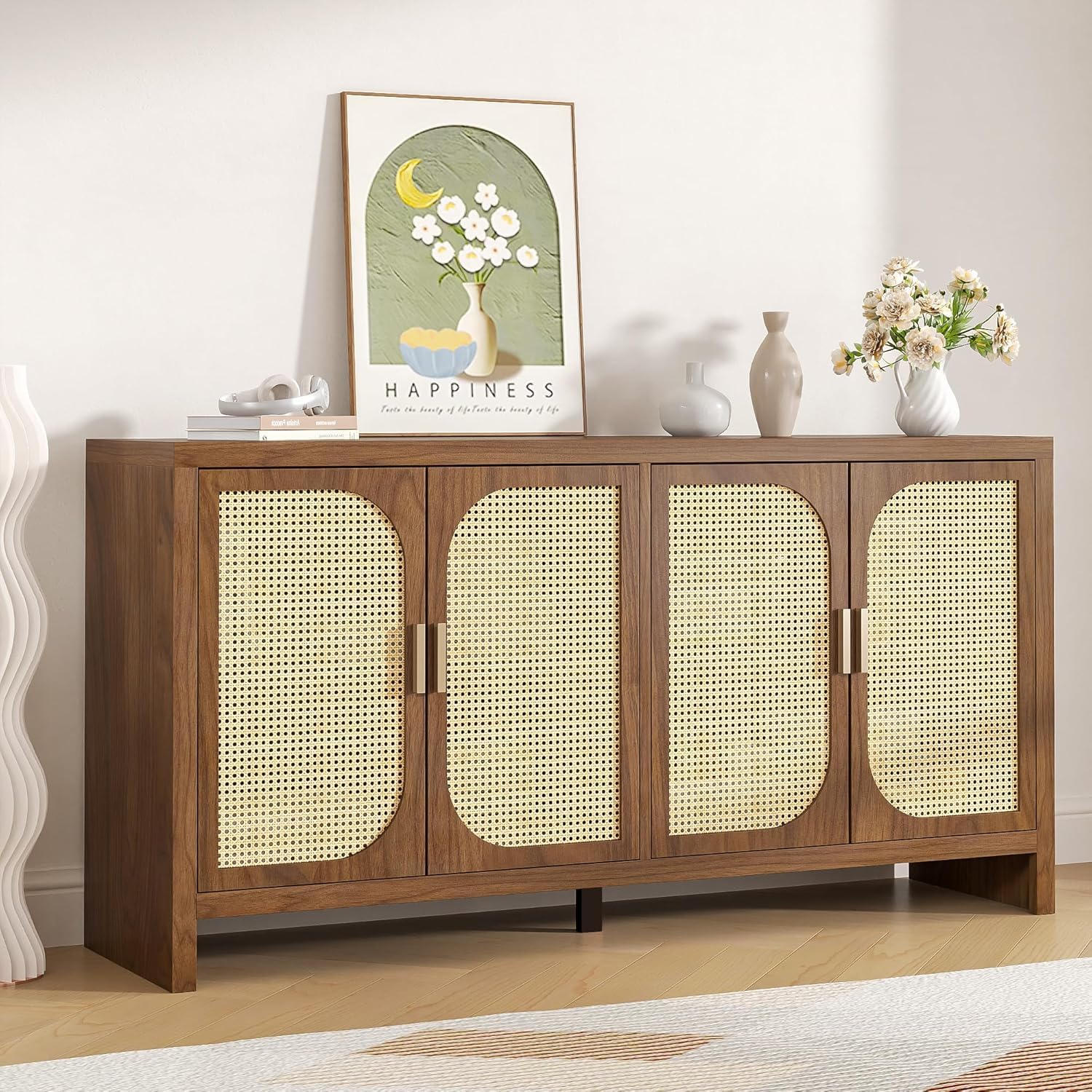 docious solid sheeshaam wooden sideboard & cabinet for living room | wooden sideboard with 4 shelves storage with natural rattan cane door for kitchen, dining room, entryway | (honey finish)