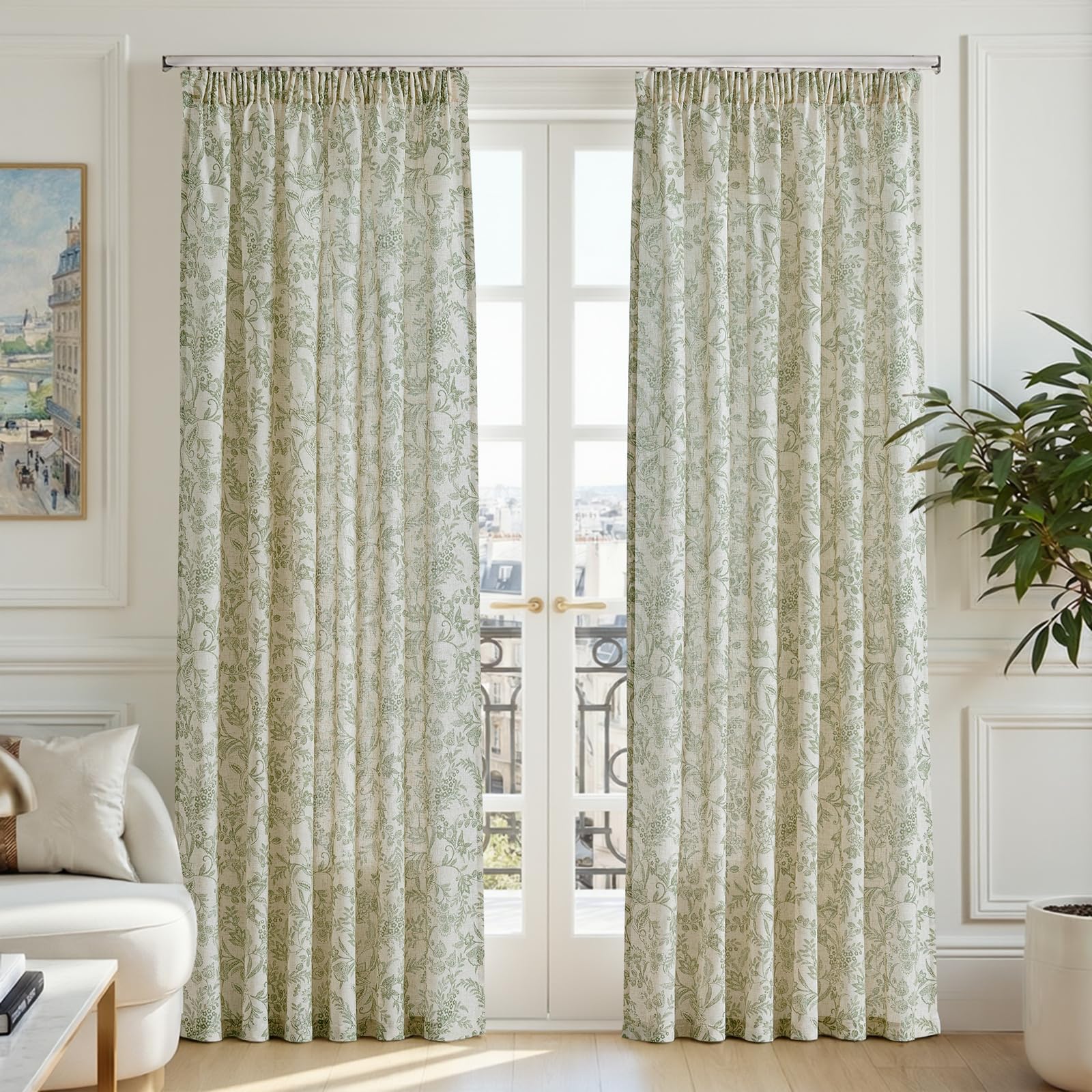 TOPICK Green Botanic Floral Linen Look Sheer Curtains, W55xL90 Inch, 2 PCS