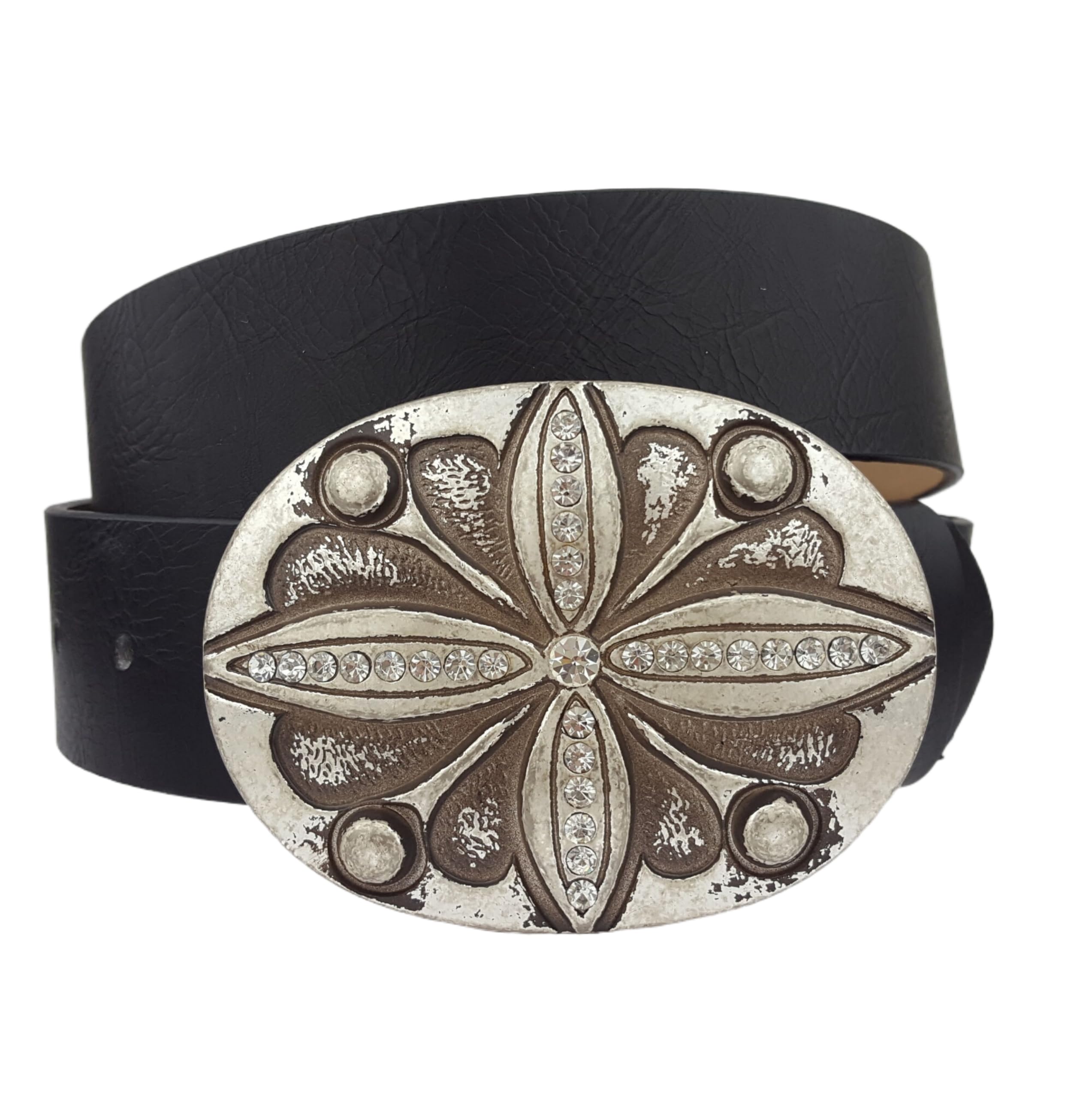 Axesoria Vintage Distressed Oval Silver Buckle Belt Black S