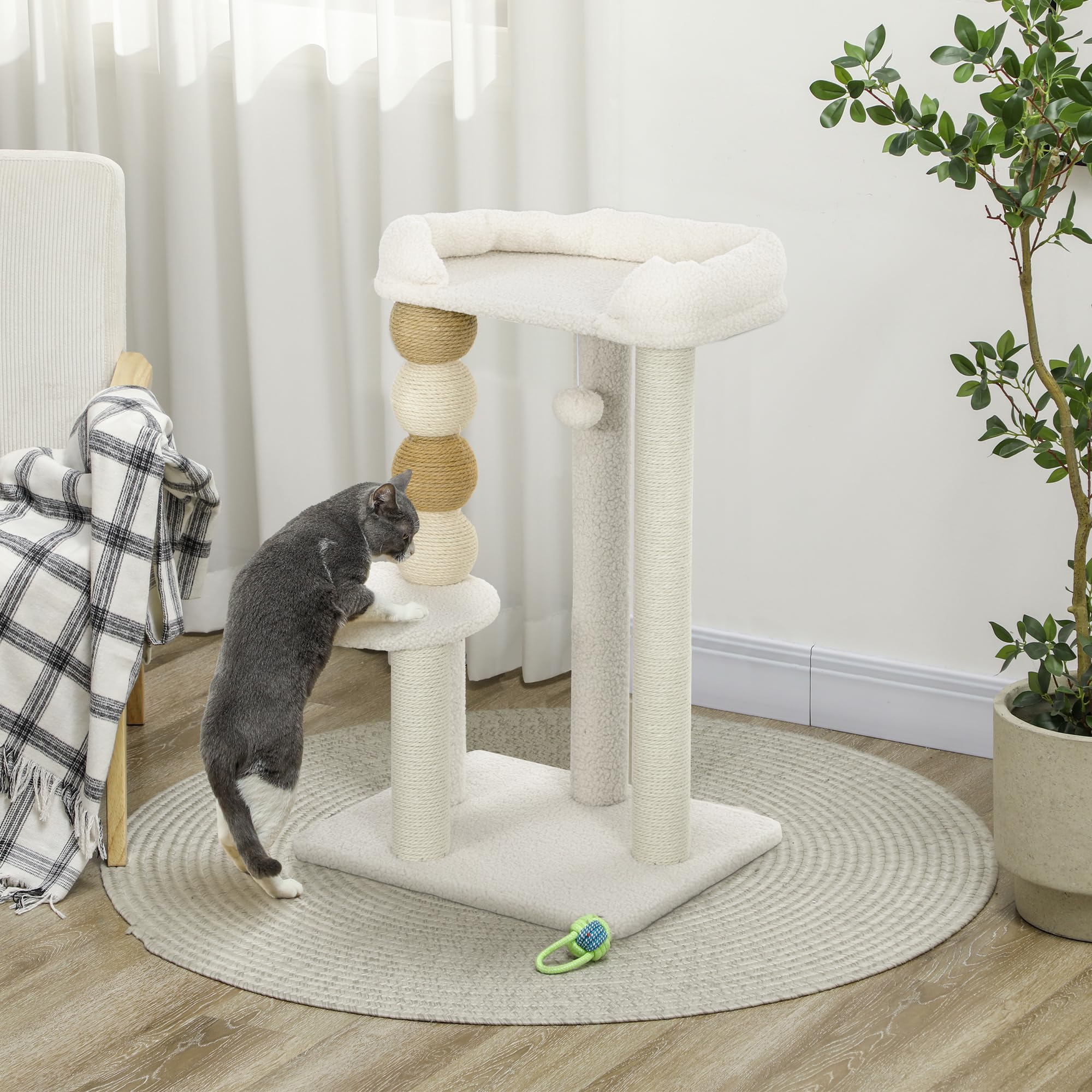 PawHut Albero Tiragraffi per Gatti con Pallina Giocattolo, Piattaforma e Lettino Superiore, Trespolo per Gatti in Legno, Iuta e Peluche, 48.5x40x76 cm, Beige