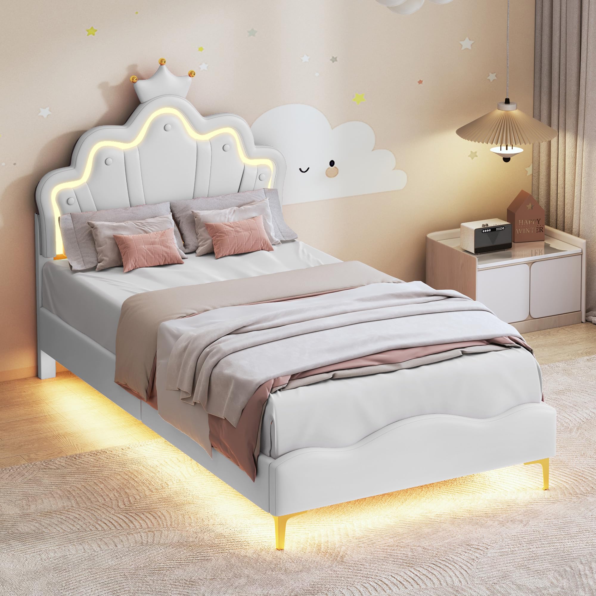 90 x 200 cm cama doble plana de princesa en forma de corona, suave acolchado de piel sintética (blanco+poliuretano (1) + poliuretano, 90 x 200 cm