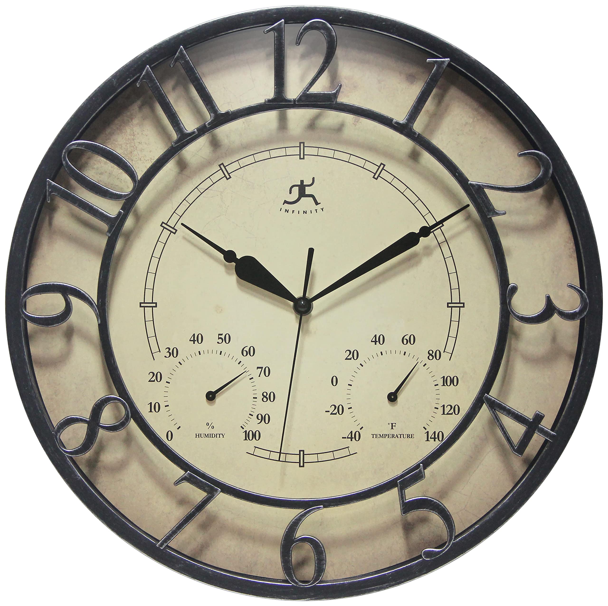 Infinity Instruments16 inch No Battery Required Built-in Hygrometer Thermometer 3D Indoor/Outdoor Wall Clock for Patio, Porch, Living Room, Black