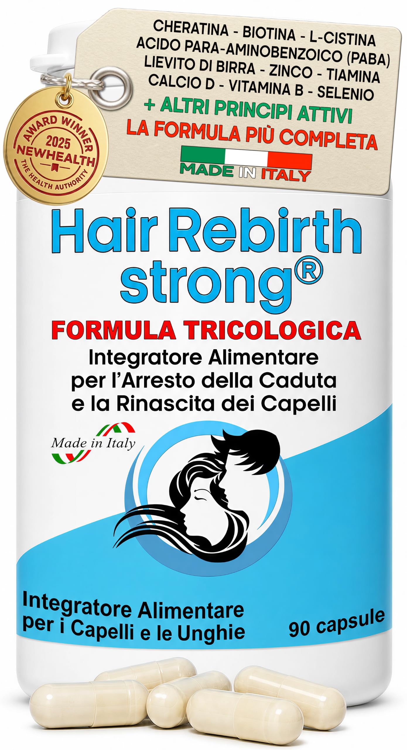 HAIR REBIRTH STRONG * 90 capsule * la Migliore Cura per i Capelli * Nuova Etichetta * Formula Tricologica: Cheratina Biotina Cistina Calcio D Vitamina B * Blocca la Caduta e fa Ricrescere i Capelli
