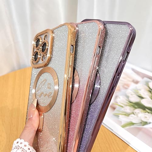 Miniatura 5 de Fiyart - Funda transparente magnética con purpurina para iPhone 13 Pro para mujeres, con grabado "Love" metálico, protección para cámara y