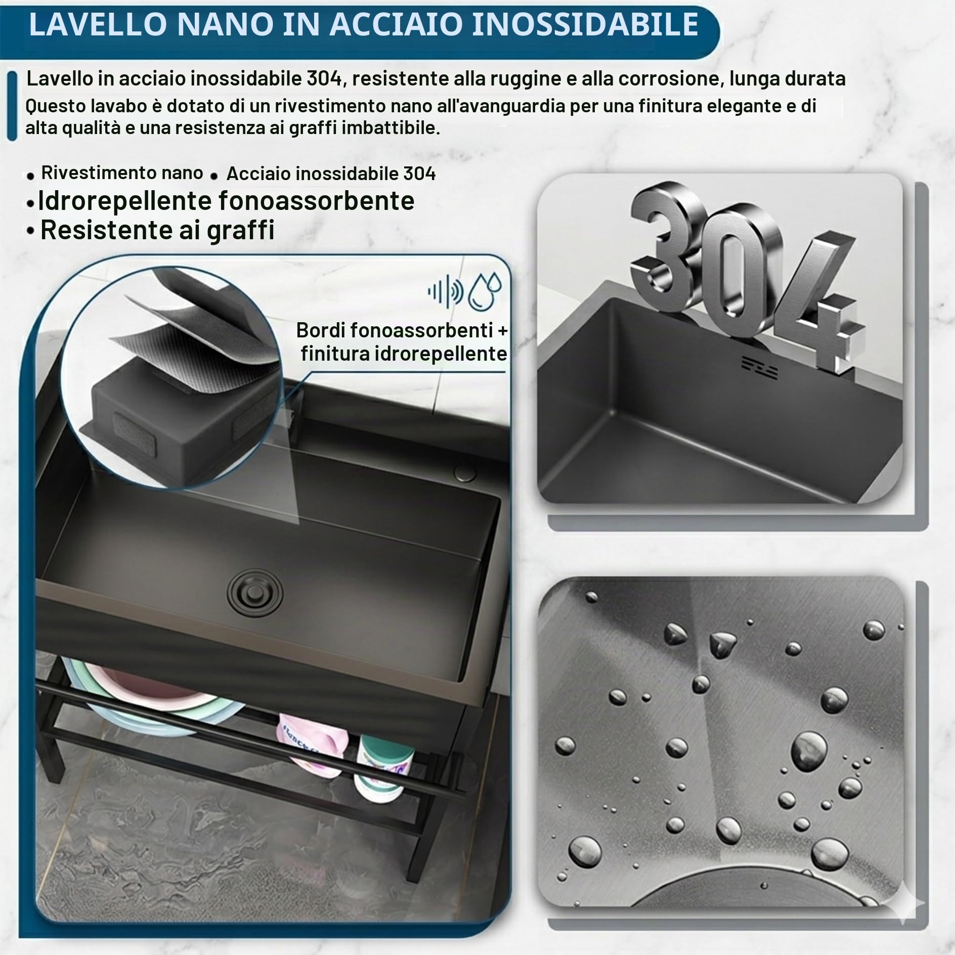 Lavandino Inox con Mobiletto, Lavatoio da Esterno e Giardino Autoportante con Paraspruzzi su 3 Lati, Vasca Lavanderia Altezza 92cm con Miscelatore, Lavello per Garage, Officina(60 x 45 x 92cm)