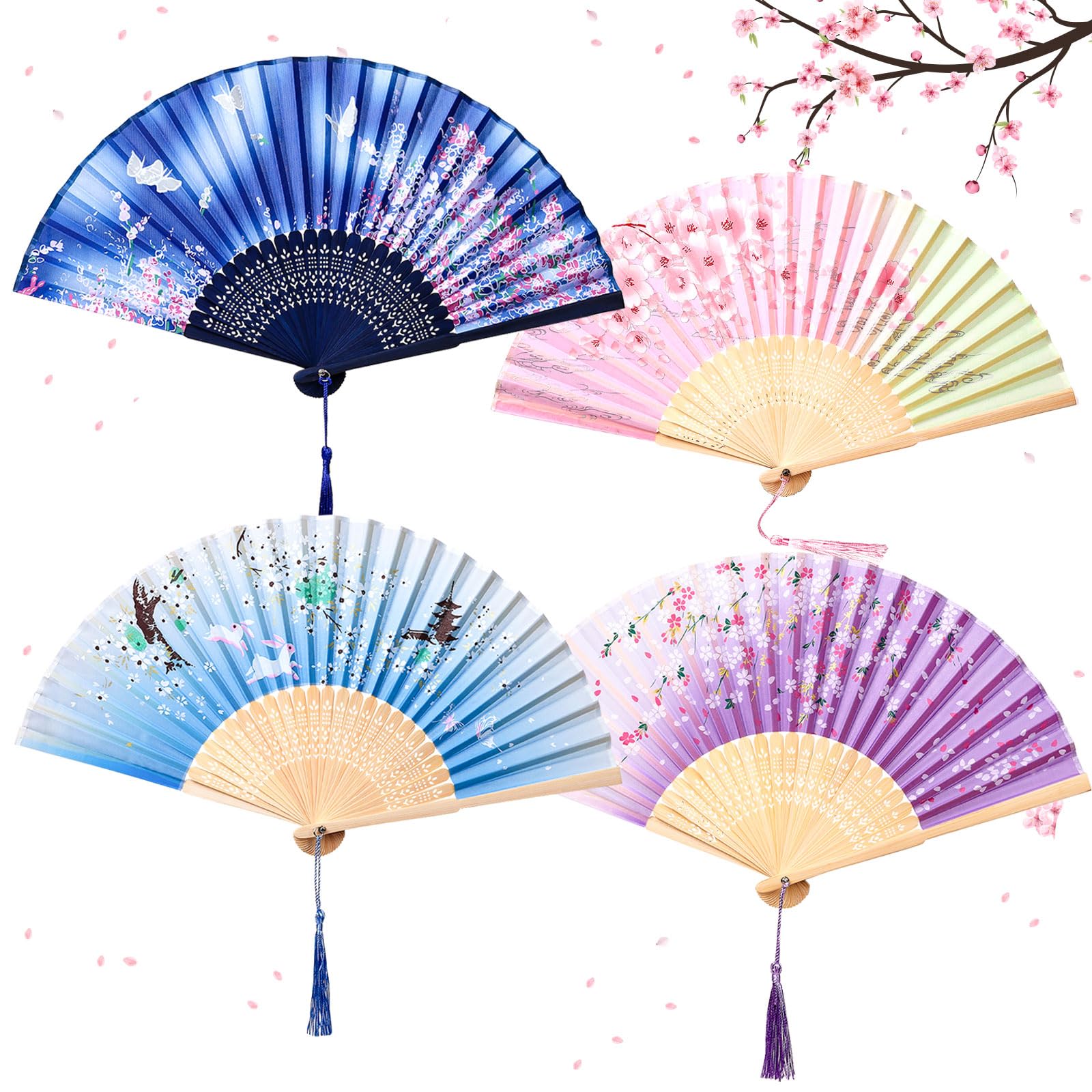 GWHOLE 4 Pcs Hand Fan Folding for Women,Fabric Spanish Folding Fan