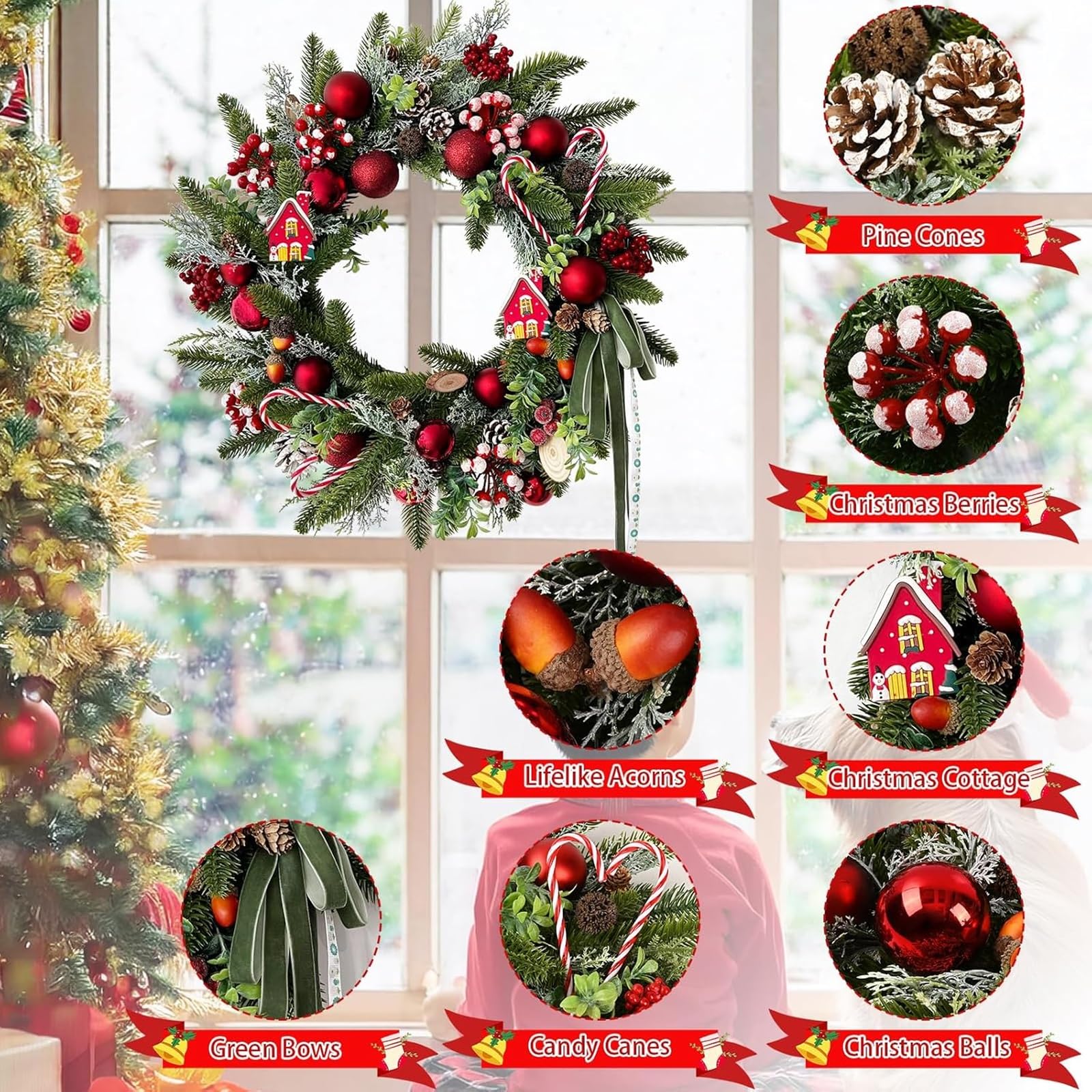 Corona artificial de Navidad para puerta con guirnalda de hoja perenne, adornos de bastón de caramelo, piñas, bayas y lazos para decoración de pared interior y exterior