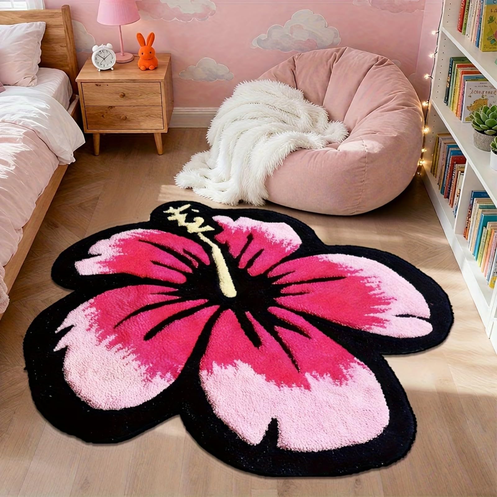 WAOTMN 150cm Circular Floral Area Rug for Entryway Hibiscus Flower Shape Gradient Pink Pink Round Rug,Soft Washable Circle Rug,Low Pile Easy to Clean Lounge Catpet for Office Bedside