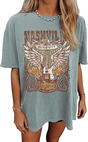 Nashville Music City - Camiseta de gran tamaño para mujer, diseño de música country y banda de rock, camisetas gráficas vintage con alas de guitarra