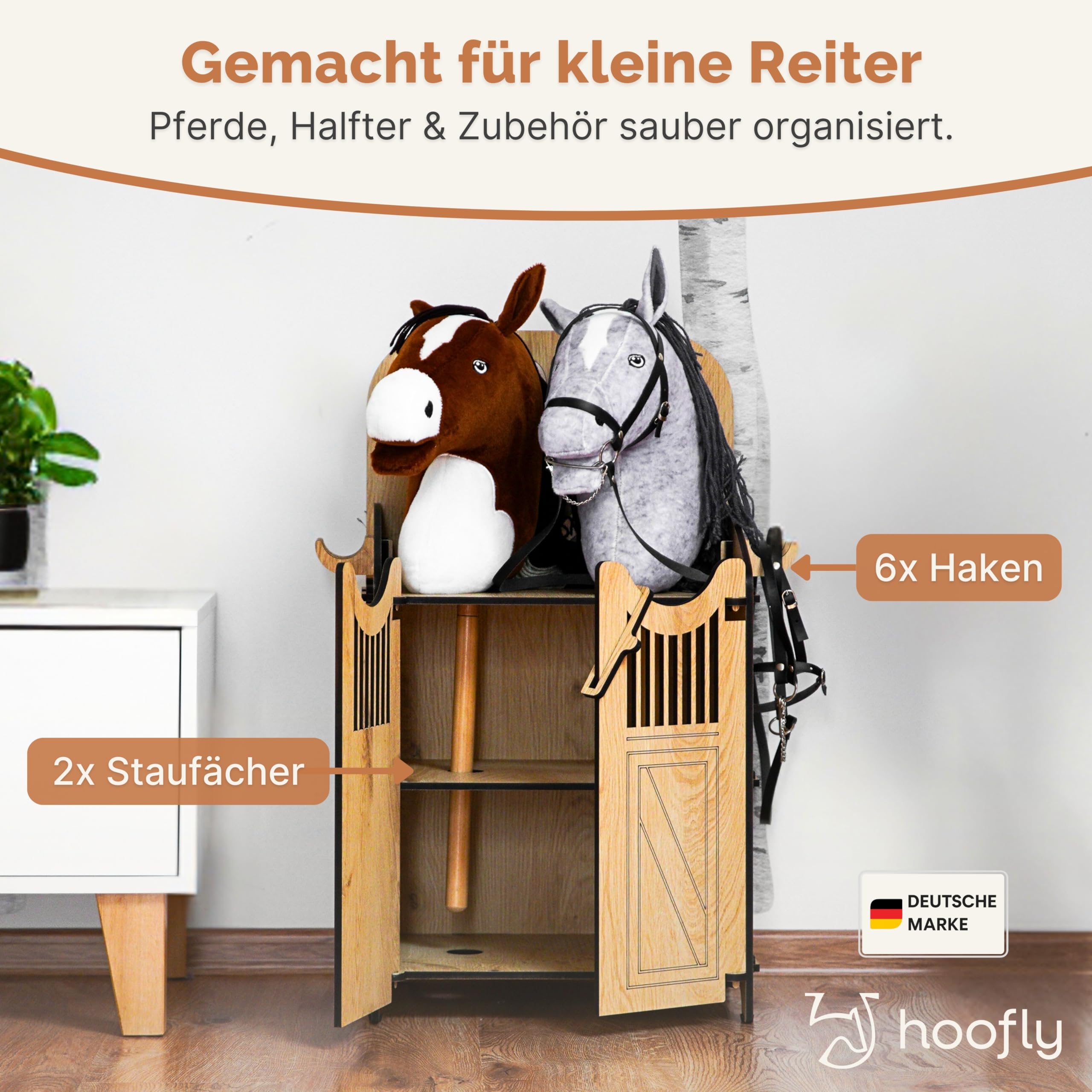 Hobby Horse Stall 2 Pferde – Praktische Halterung für Steckenpferde | Hochwertiger Hobby Horsing Pferdestall Holz mit Türen, Haken & Stecksystem | Designed in Germany – Stabil & Nachhaltig