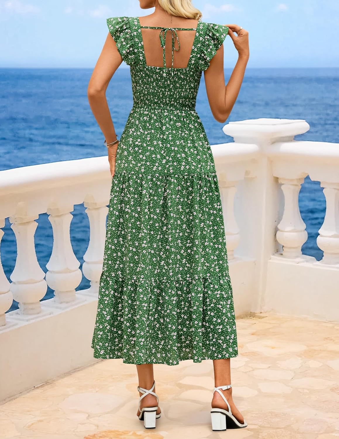 ZESICA Women's Summer Boho Floral Midi Dress 2026 Casual Ruffle Cap Sleeve Beach Wedding Guest Flowy Tiered Long Dresses - Image 4