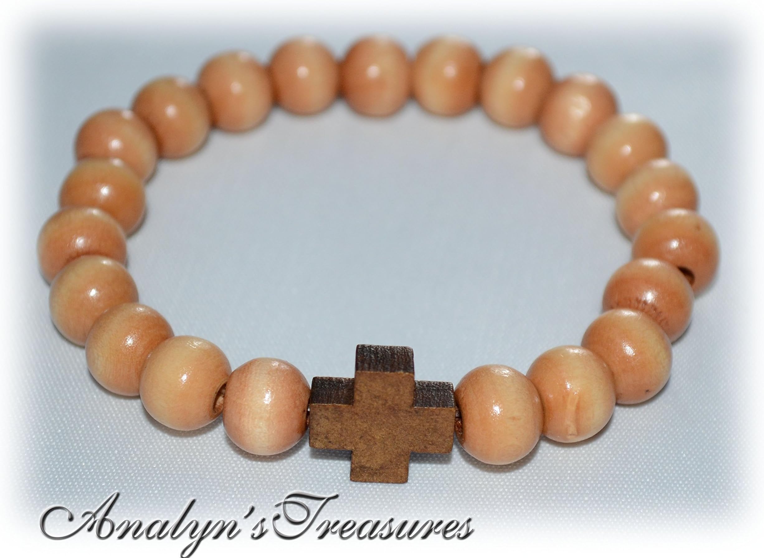 Stretch Wood Cross Bracelet in Medium Brown, Men's Stretch Bracelet, Boys' Wood Bracelet, Wood Beaded Bracelet, Cross Bracelet