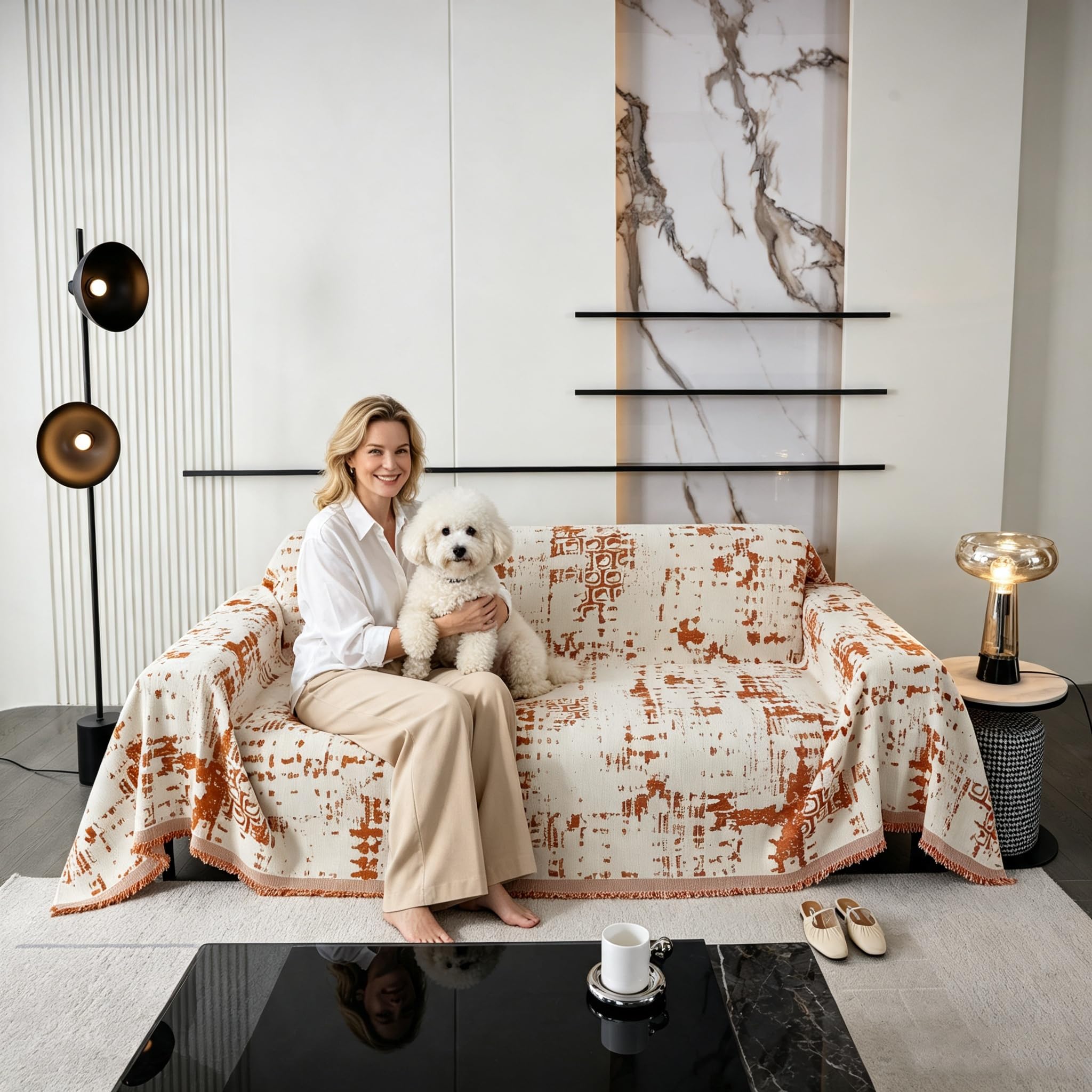 Funda Sofa, Cubre Sofas Reversible de Estilo Clásico,Four Seasons, Colcha Multiusos para Sofá, Manta de Sofá Resistente a Arañazos de Gato 180 * 420cm-Naranja