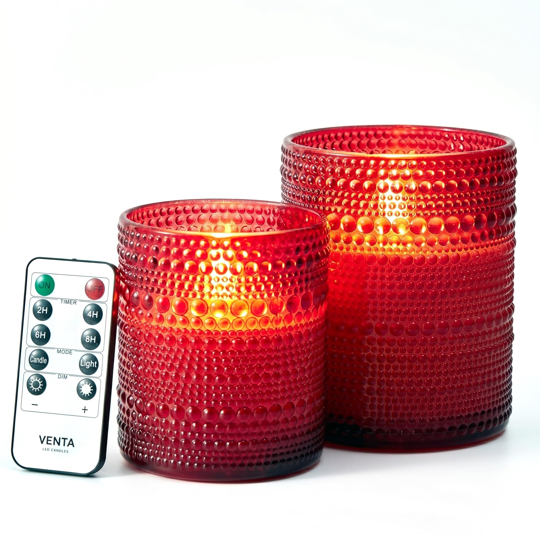 VENTA Candele senza fiamma in vetro rosso con telecomando, fiamma in movimento in vera cera, candele a LED tremolanti senza fiamma, funzionamento a batteria, timer e dimmer, set da 2 pezzi (10,2 cm