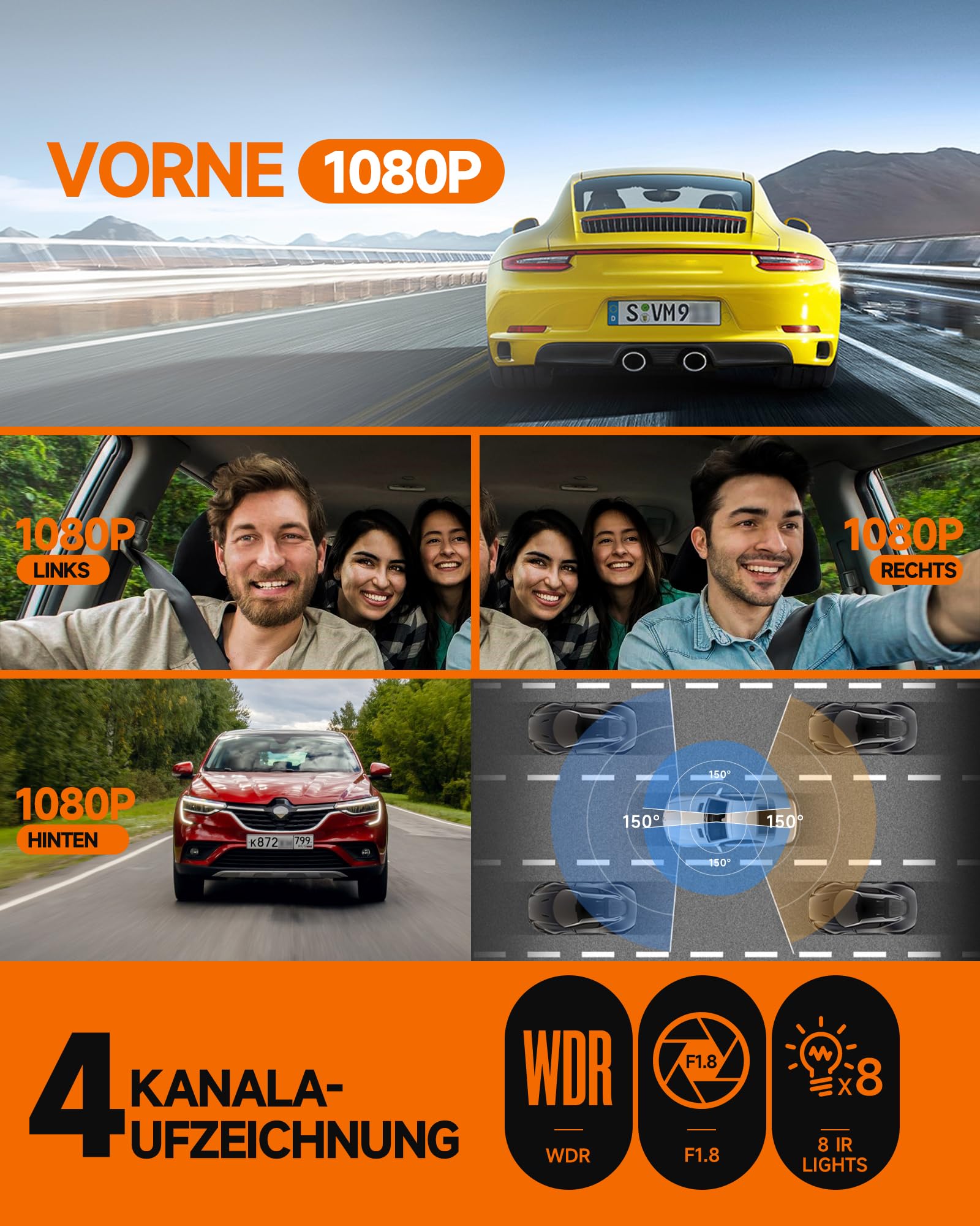 HUPEJOS 360° Dashcam Auto Vorne Hinten 4 Kanal Dash Cam Auto Kamera FHD 1080Px4,4×150° Weitwinkel,WDR-Nachtsicht (8 IR-LEDs), 3,18" IPS Display, G-Sensor,WiFi GPS,24/7 Parkmodus, 64GB SD-Karte