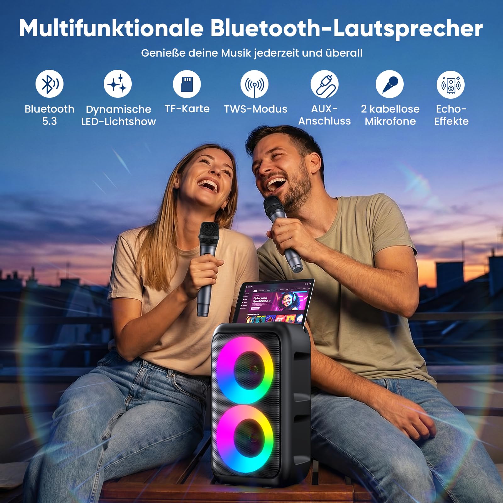Musikbox Bluetooth Groß mit 2 Mikrofonen, tragbarer 3-in-1 Bluetooth Lautsprecher, Partybox Bluetooth mit Licht, Party-Lautsprecher Outdoor Indoor, Außenlautsprecher für TV, Smartphone und Tablet