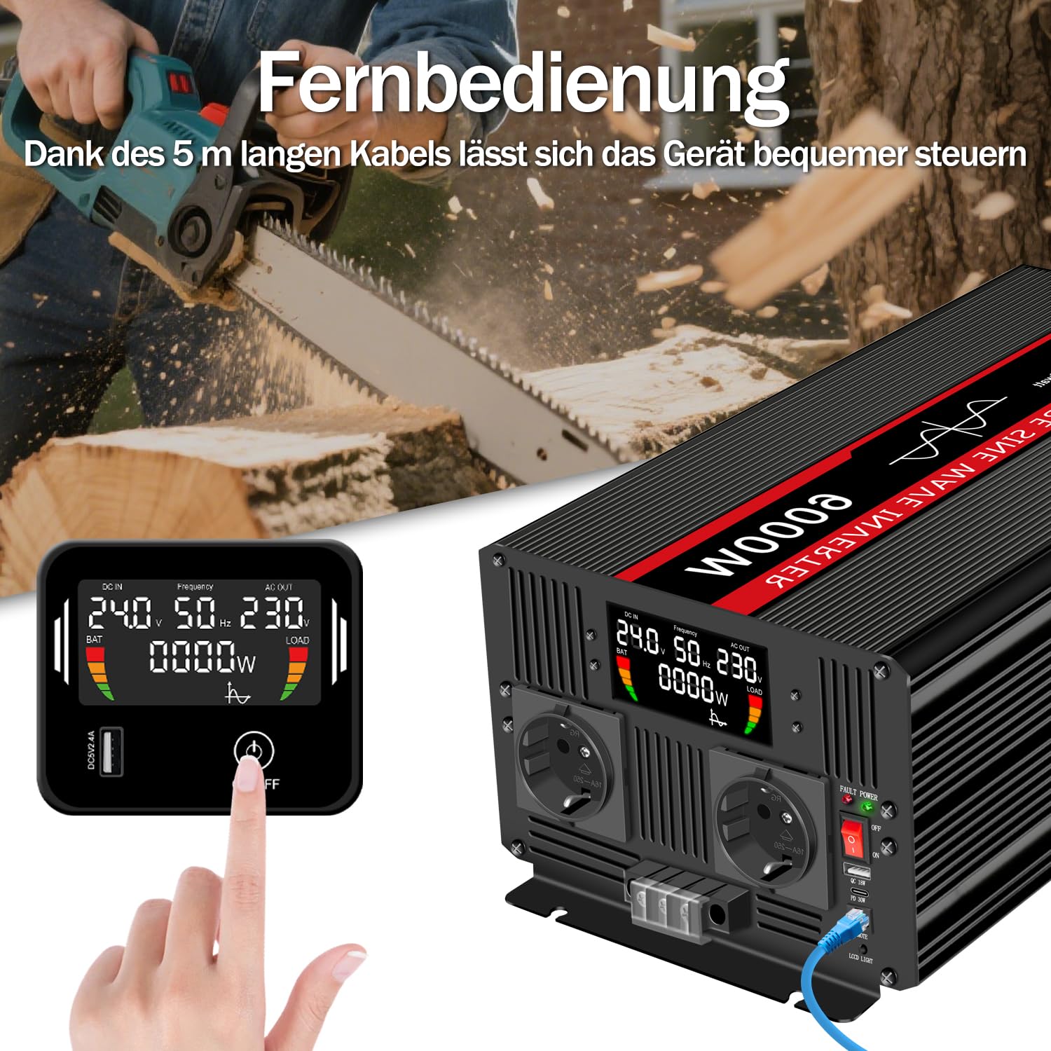 JIGUUN 6000W Wechselrichter 24V auf 230V Reiner Sinus Spannungswandler