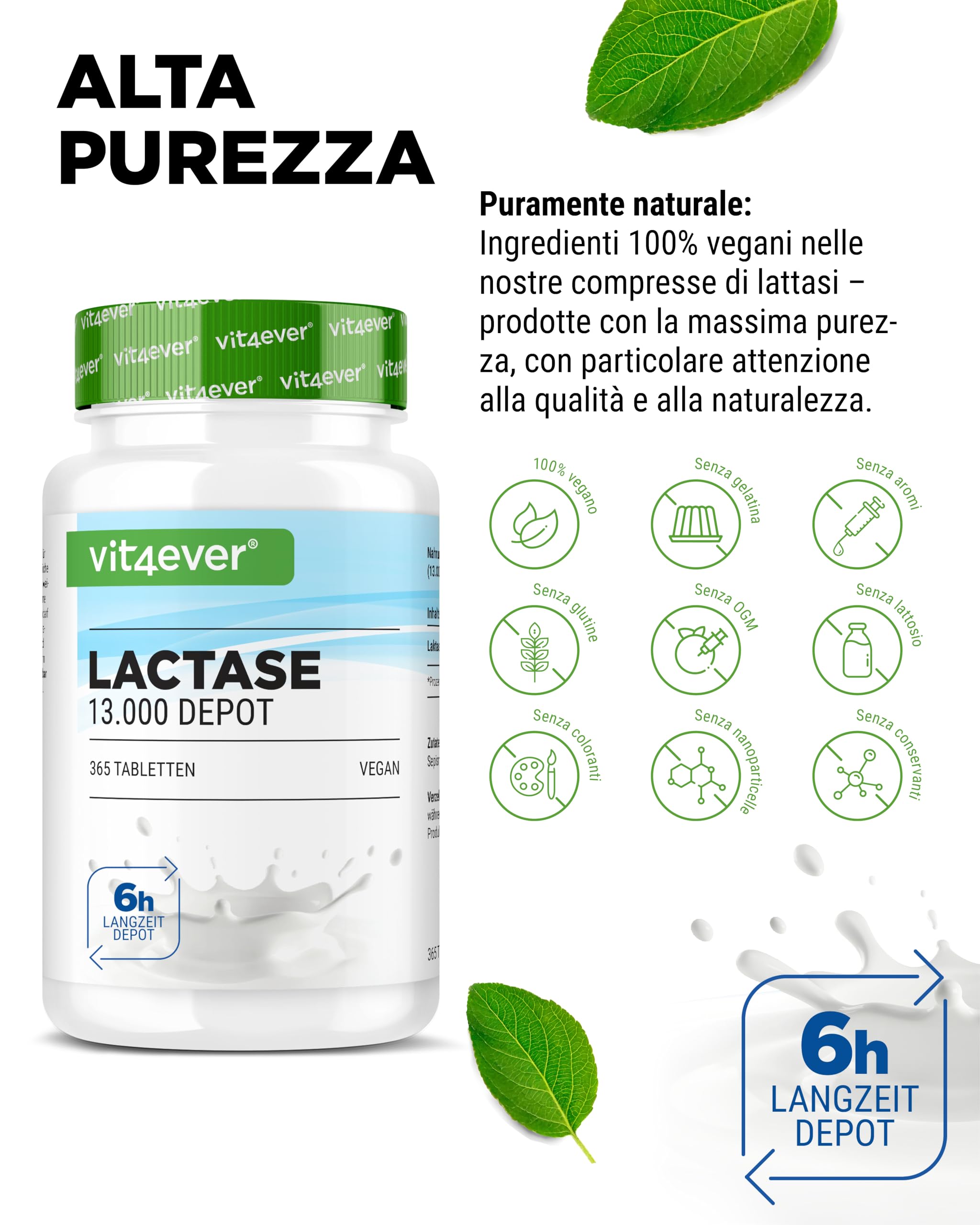Laktase 13.000 Depot – 365 compresse con effetto depot (Sepismart® Slow Release) – dose elevata di 13.000 unità FCC – In caso di intolleranza al lattosio + intolleranza al latte – Senza additivi