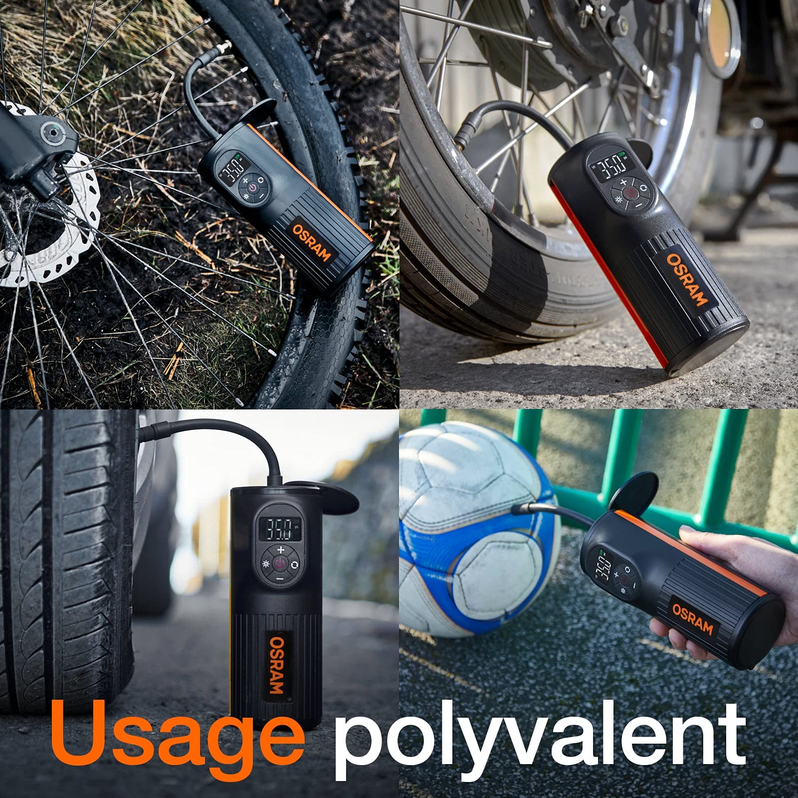 OSRAM TYREinflate 2000, gonfleur de pneus compacte et Rechargeable avec éclairage LED, compresseur Portable, Connexion électrique Via USB, gonflage des pneus en 2 Minutes