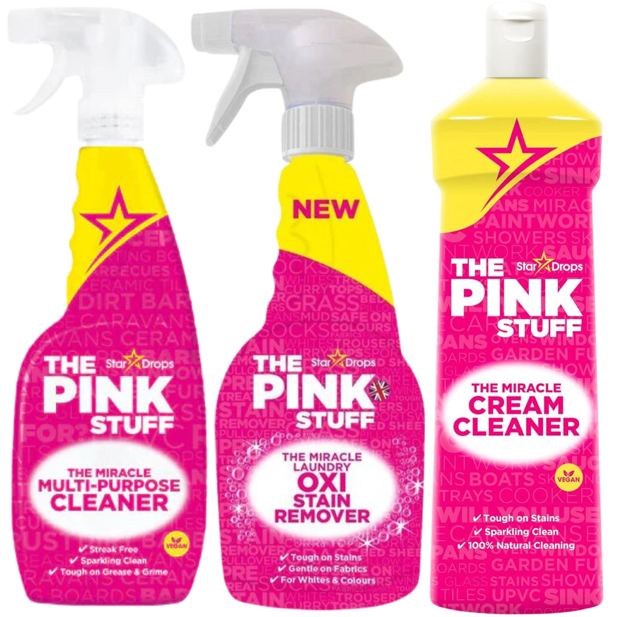 The Pink Stuff Cleaning Products Set - Pack of 3 - Multi-Purpose Cleaner (850ml), Oxi Stain Remover (500ml) and Cream Cleaner (500ml)