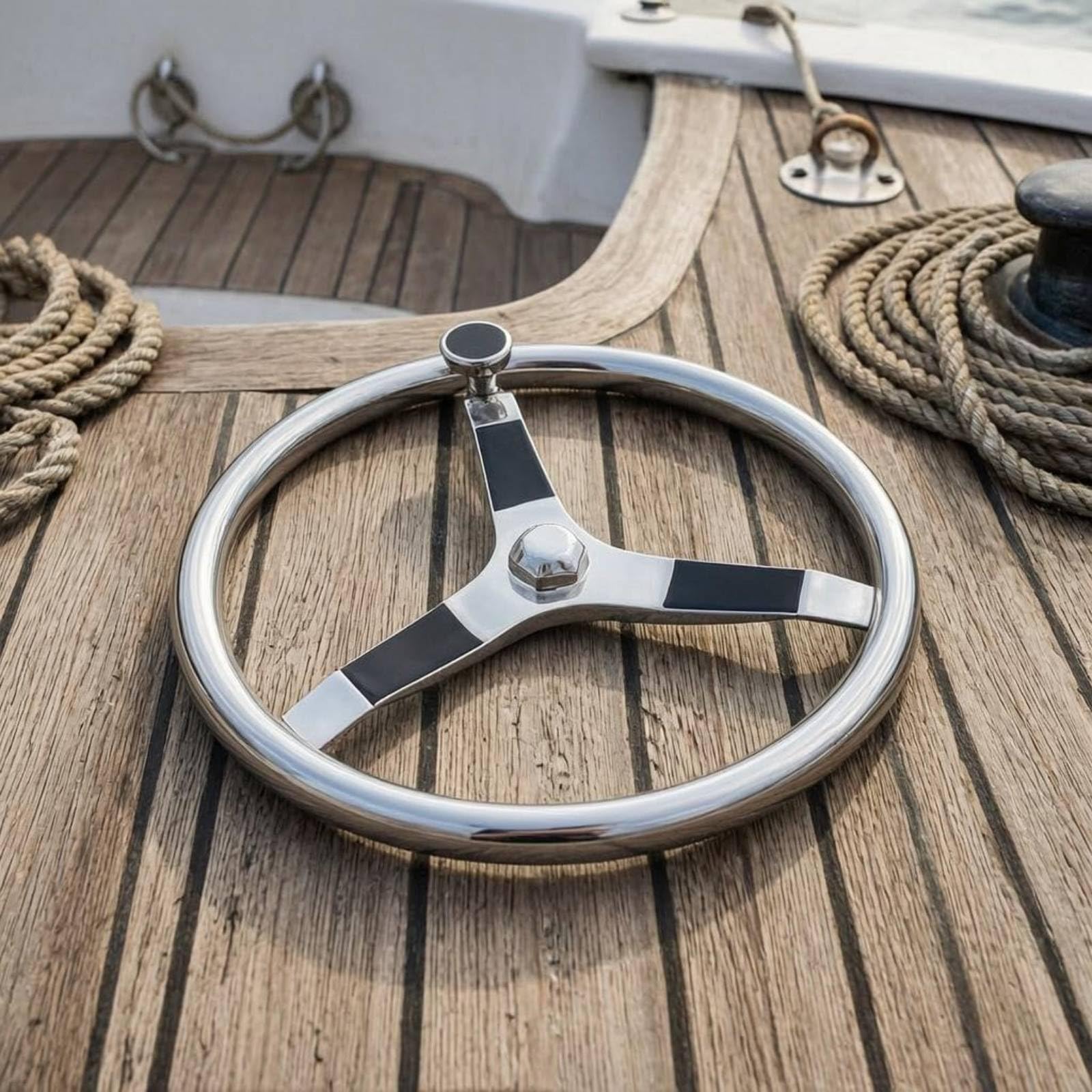 Edelstahl Bootslenkrad Hochglanzpoliert 5-Speichen Rostfrei Edelstahl-Steuerrad für Boot, Schiff, 13,5 Zoll Bootslenkrad 1/2 Mutter