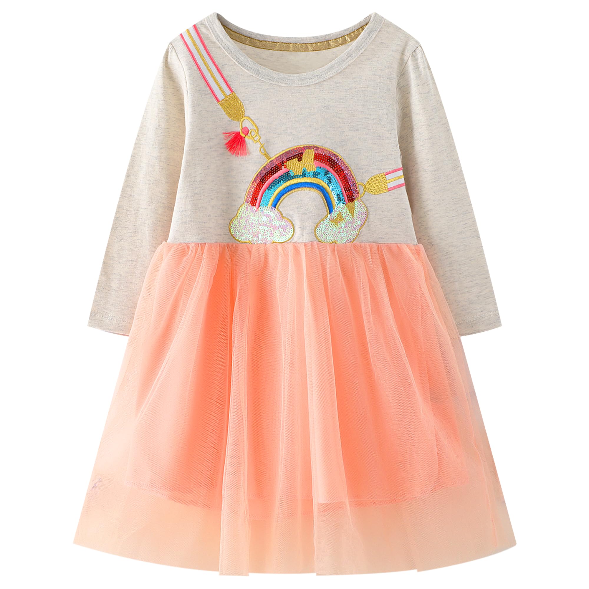 JiAmy Regenboog jurken voor meisjes ruches lange mouwen jurk kinderen pailletten geribbelde gebreide tule rok voor 1-6 jaar oud, 02-rood, 2-3T