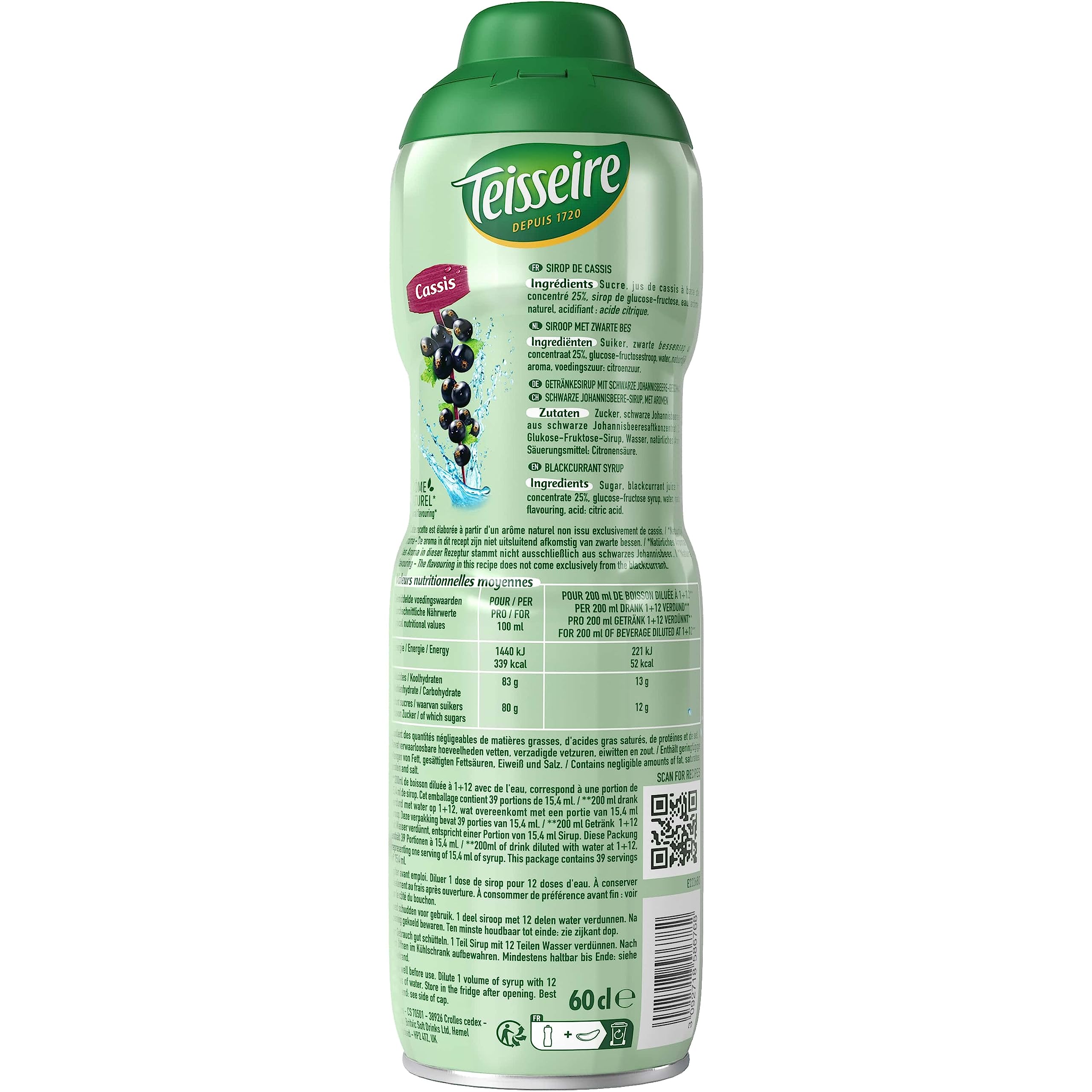 Teisseire Sirop de Cassis pour Boisson Rafraîchissante, Cocktails, Bidon Recyclable 3x60cl
