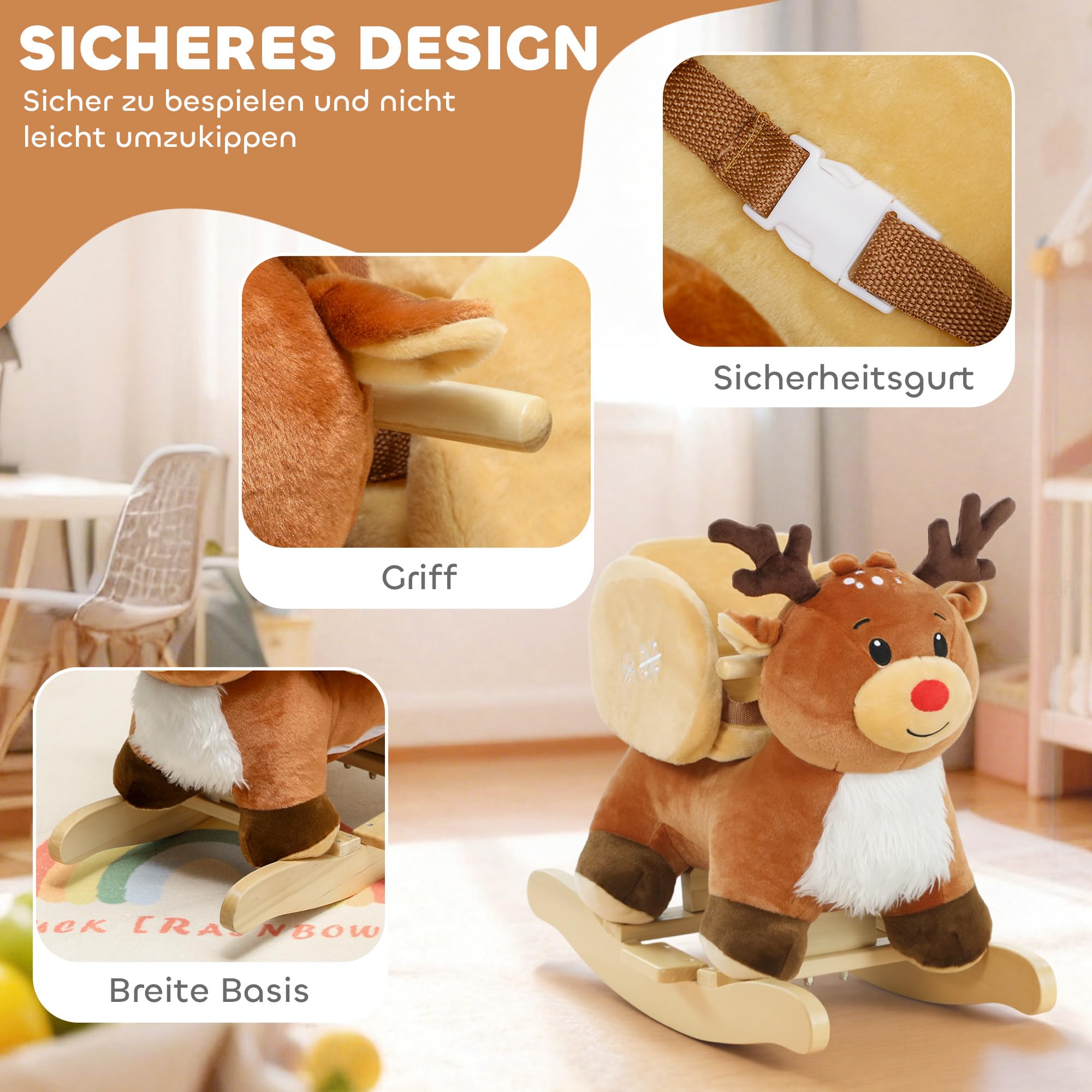 AIYAPLAY Kinder Schaukelpferd Rentier 18-36 Monate Braun 65 x 32 x 55 cm | Baby Schaukeltier, Mit Schlafliedern, Mit Sicherheitsgurt, Plüsch