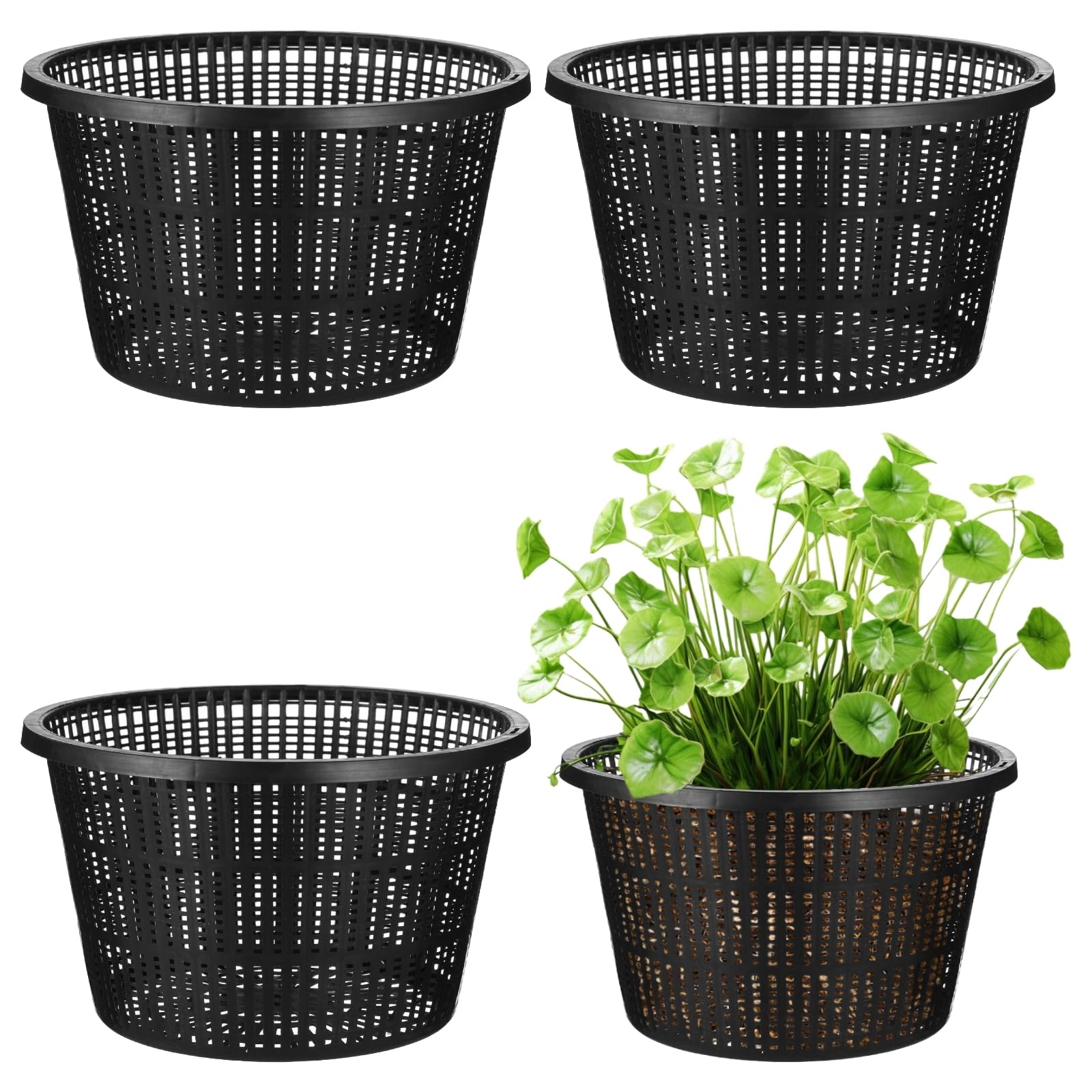 Swewarm Black 4 Pcs Hydroponic Mesh Baskets - 21Cm Large Slotted Net Pots For Aquatic Plants | Heavy-Duty Plastic Orchid Planters For Indoor/Outdoor Pond, Aquaponic & Nursery Growing (Black)