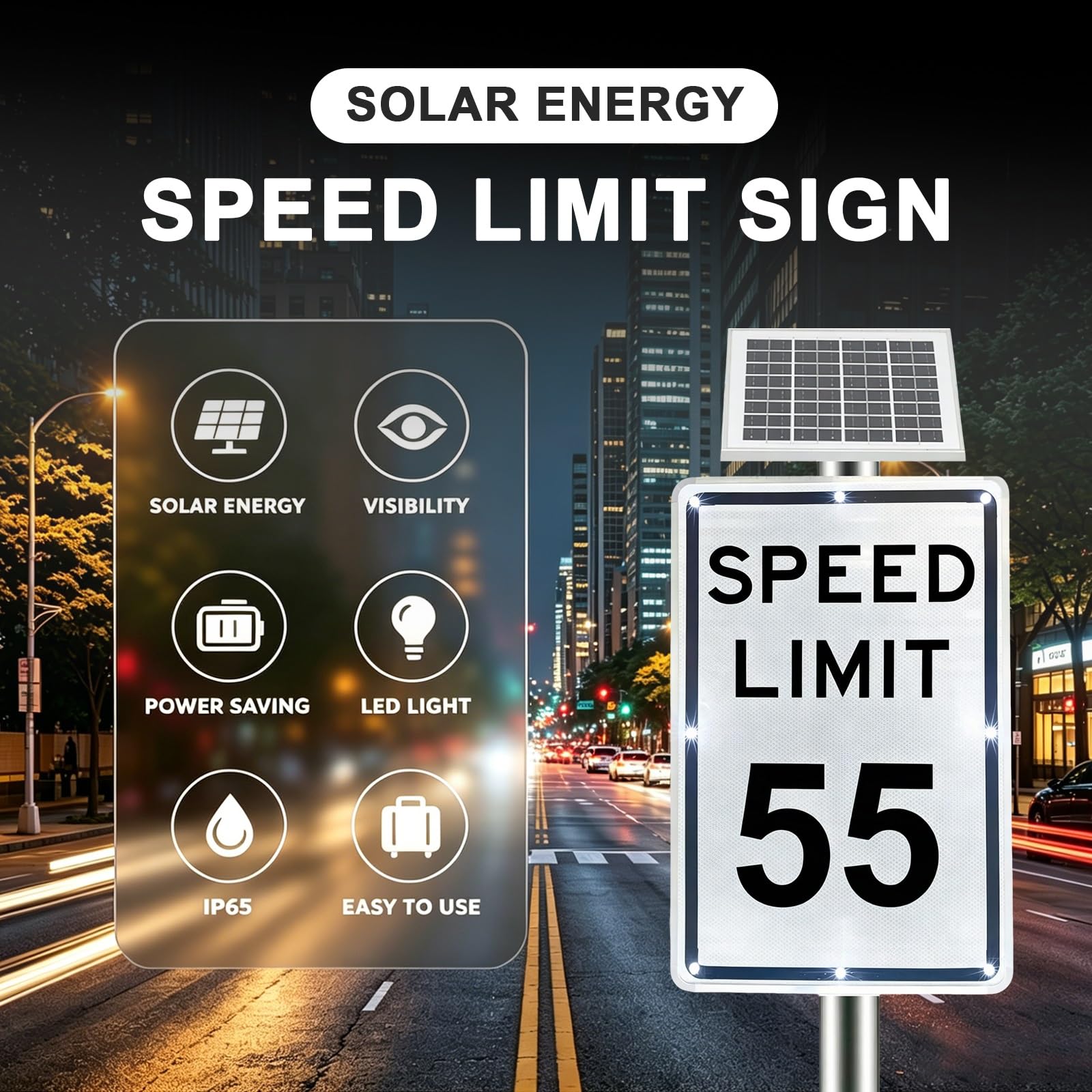 Límite de Velocidad Intermitente LED con Aluminio, Señal de Límite de Velocidad Solar, Marco ce Metal Resistente, Aplicable Dentro del Recinto de Fábrica