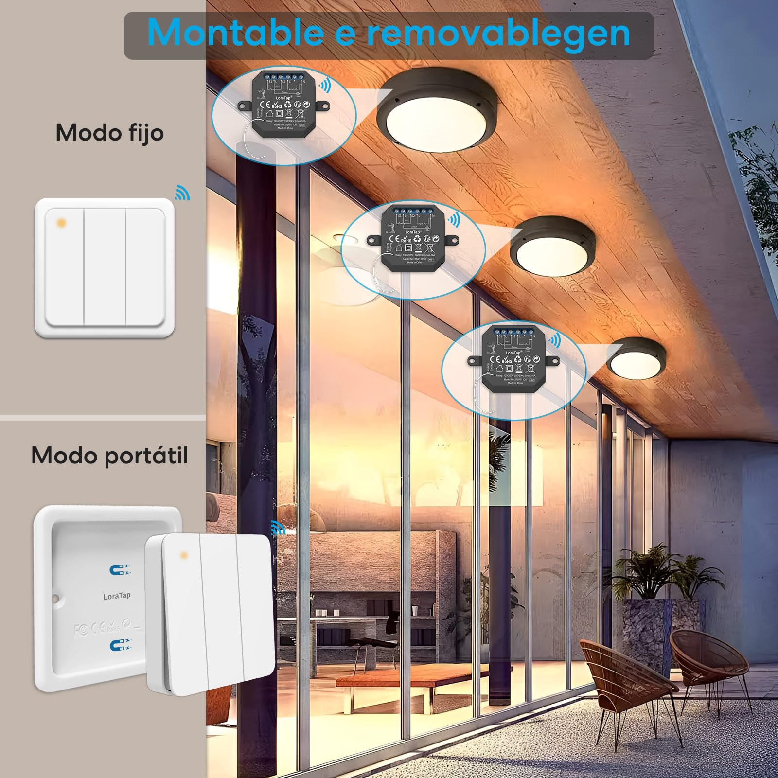 Interruptor de Luz Inalámbrico LoraTap, Mando a Distancia y 3 Receptor de Relé 10A, Interruptor Inalámbrico de Pared a 3 Gang para Lámparas y Electrodomésticos, RF Control Remoto de hasta 200m