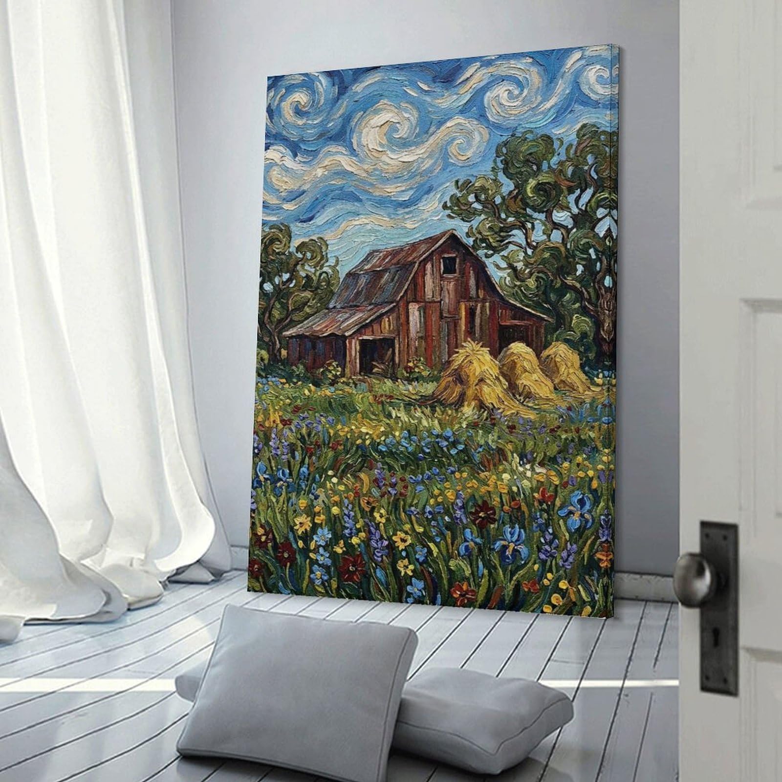 Junmoney Impressionistic Barn in A Wildflower Field Room Decor Wall Art, 20x30inch(50x75cm), for Hallway, Lounge Or Guest Room, Gift Idea for Housewarming And Birthdays