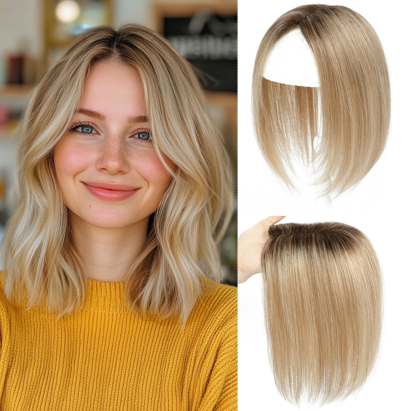 Toppers para el cabello humano para mujer, toupets ligeros para mujeres, 100 % atados a mano, clip en postizo para cabello fino, parte superior de la cabeza, mullido, liso, sin flequillo (4T10/16#)