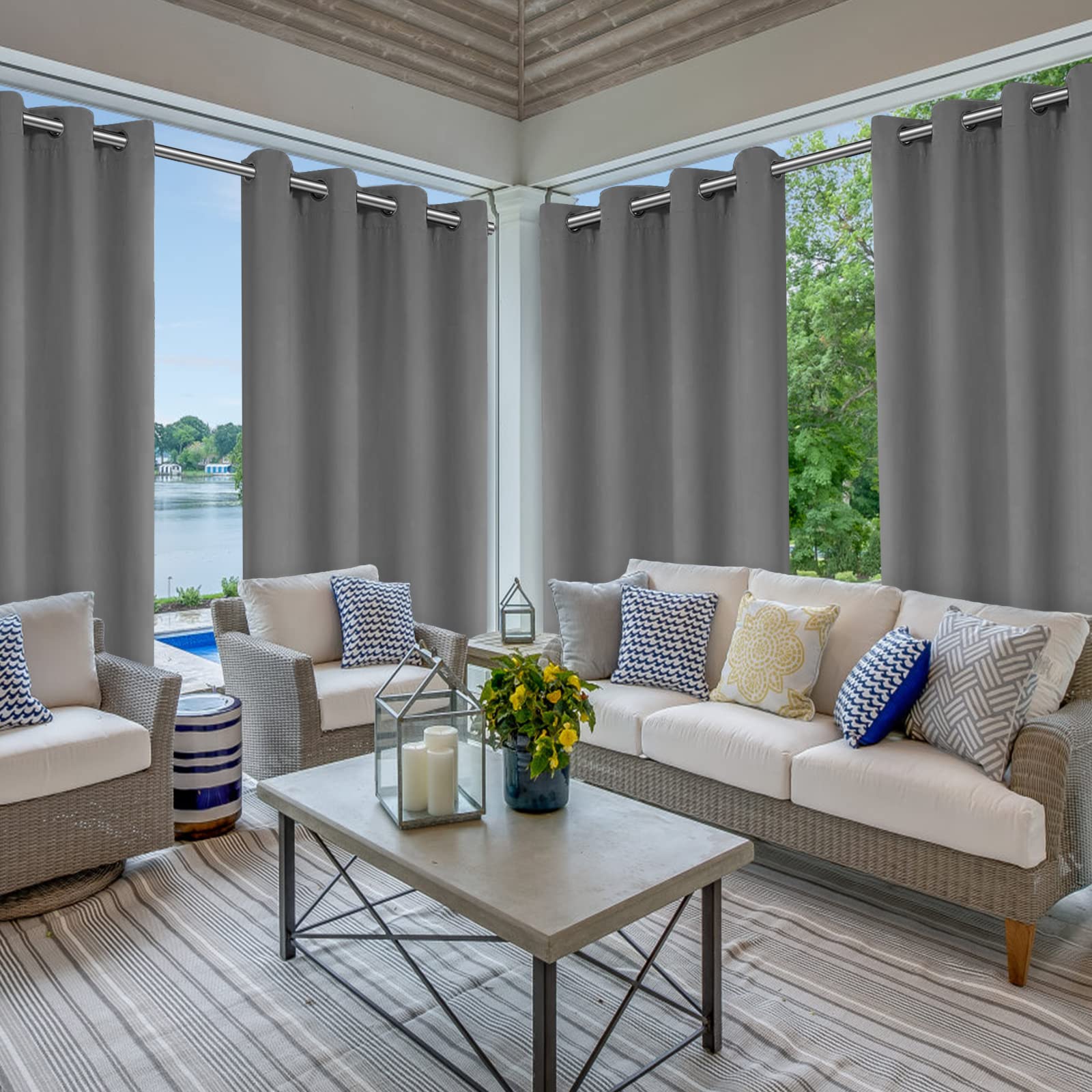Outdoor Vorhang Wetterfest, Outdoor Vorhänge Wasserdicht mit Ösen Oben und Unten, Sichtschutz Sonnenschutz Vorhang für Balkon Terrasse Veranda Pergola Gartenlaube(132*215cm, Grau)