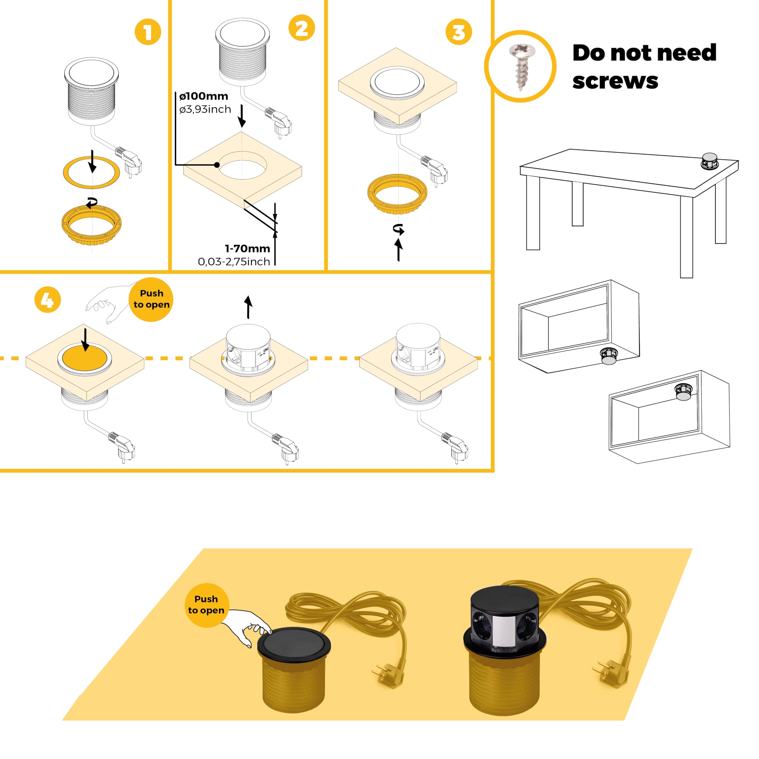 Emuca - Multiconnettore Vertikale Push diametro 100mm, 3 spine di tipo Schuko, 1 USB A, 1 USB C, Acciaio e Tecnoplastica, Verniciato Nero