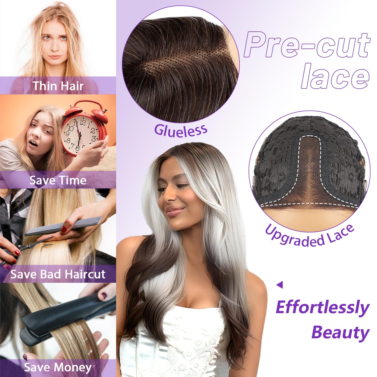 Eawwii Ombre Gray Brown Glueless Wigs for Women Pre Cut Synthetic Lace Hairline Long Layered Straight Hairstyle 26 Inch