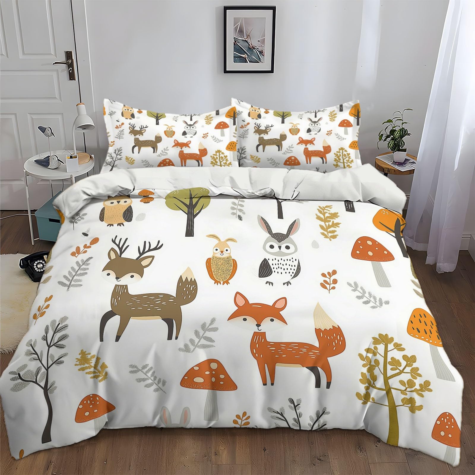 California King Duvet Cover Cartoon Fox Deer Mushroom Cal King Bedding Duvet Cover Set, 3 Pieces, Soft and Breathable Comforter Cover with 2 Pillow Shams, for All Season