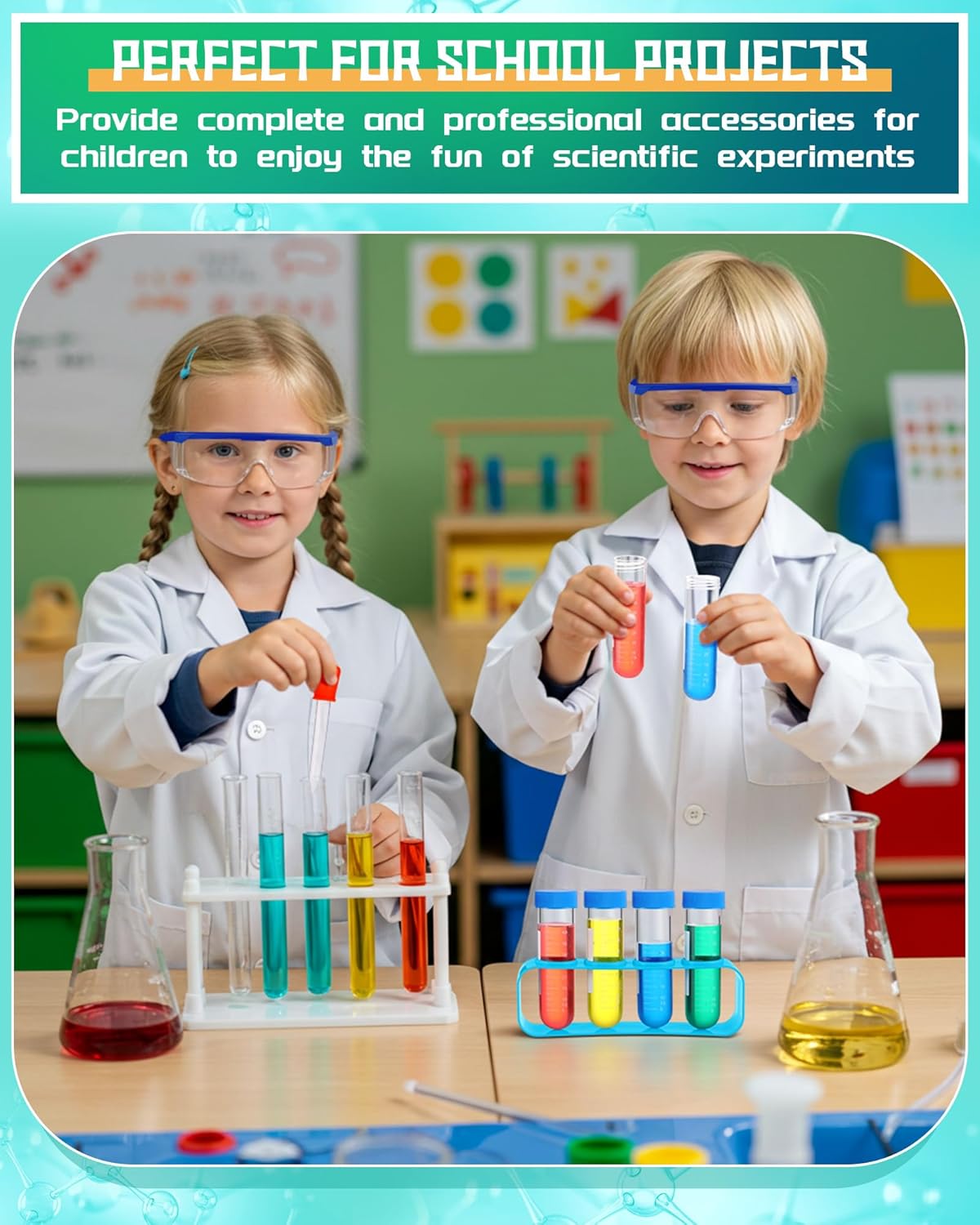 Unittype 6 Set 66 Pcs White Kids Lab Coats Bulk Children Girl Doctor Scientist Costume Lab Coat Goggles Test Tube Eyedropper(L) - Image 5