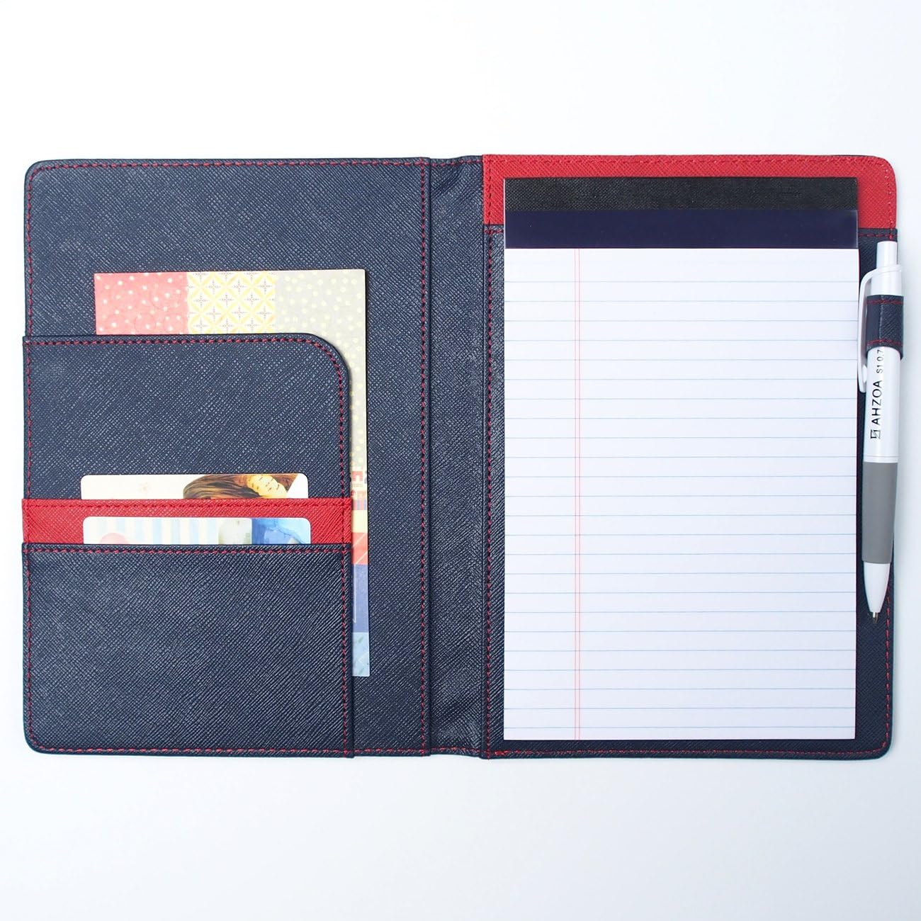 AHZOA 3 Pockets A5 Size Memo Padfolio S7, Including 5 X 8 Inch Legal Writing Pad, Synthetic Leather Handmade 6.3 X 8.78 Inch Notepad Clipboard Holder (Navy)