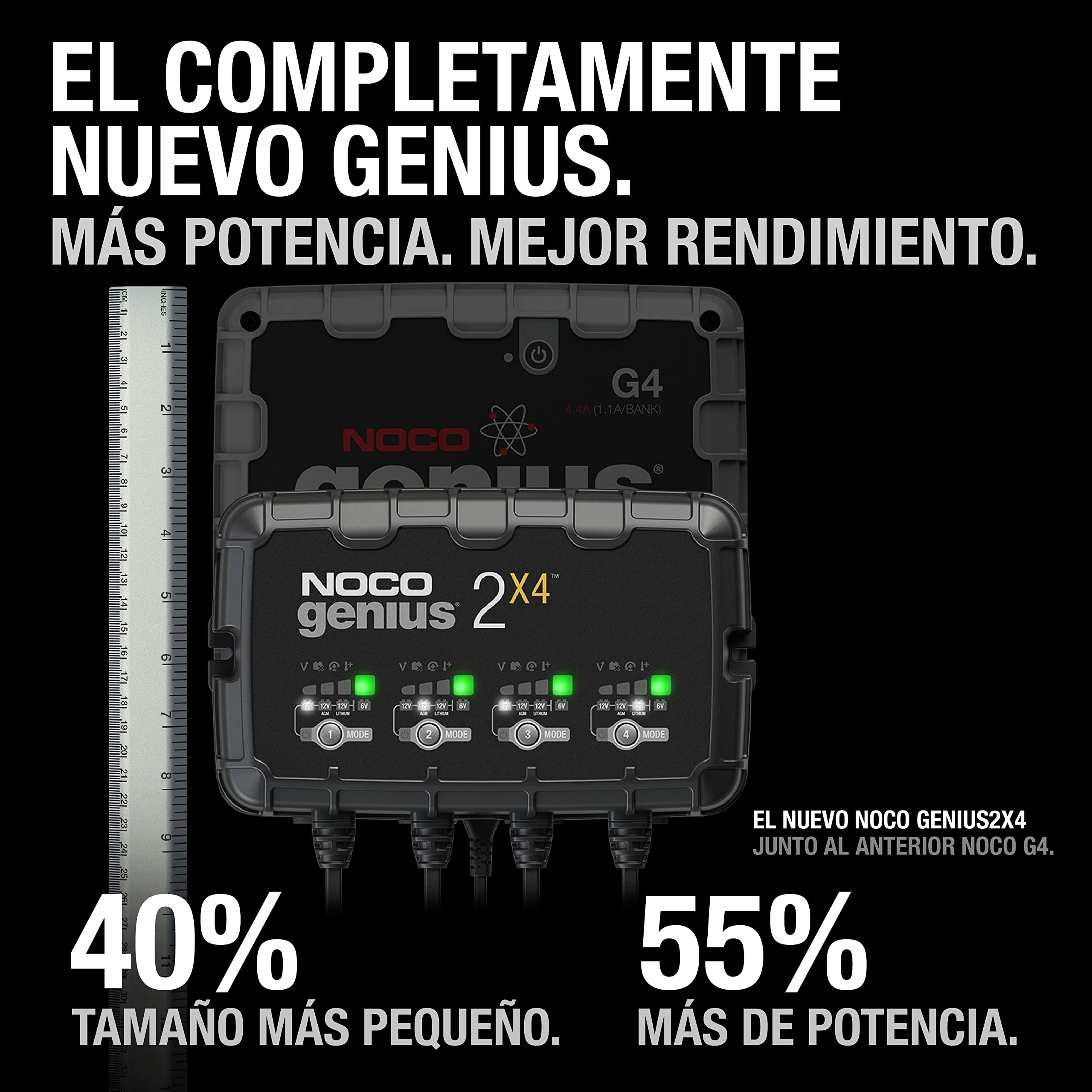 NOCO GENIUS2X4: Cargador Inteligente de baterías 8A con 4 Bancos (2A/Banco) – Mantenedor automático y desulfatador 6V/12V – Protección contra sobrecarga – para baterías de Plomo y Litio