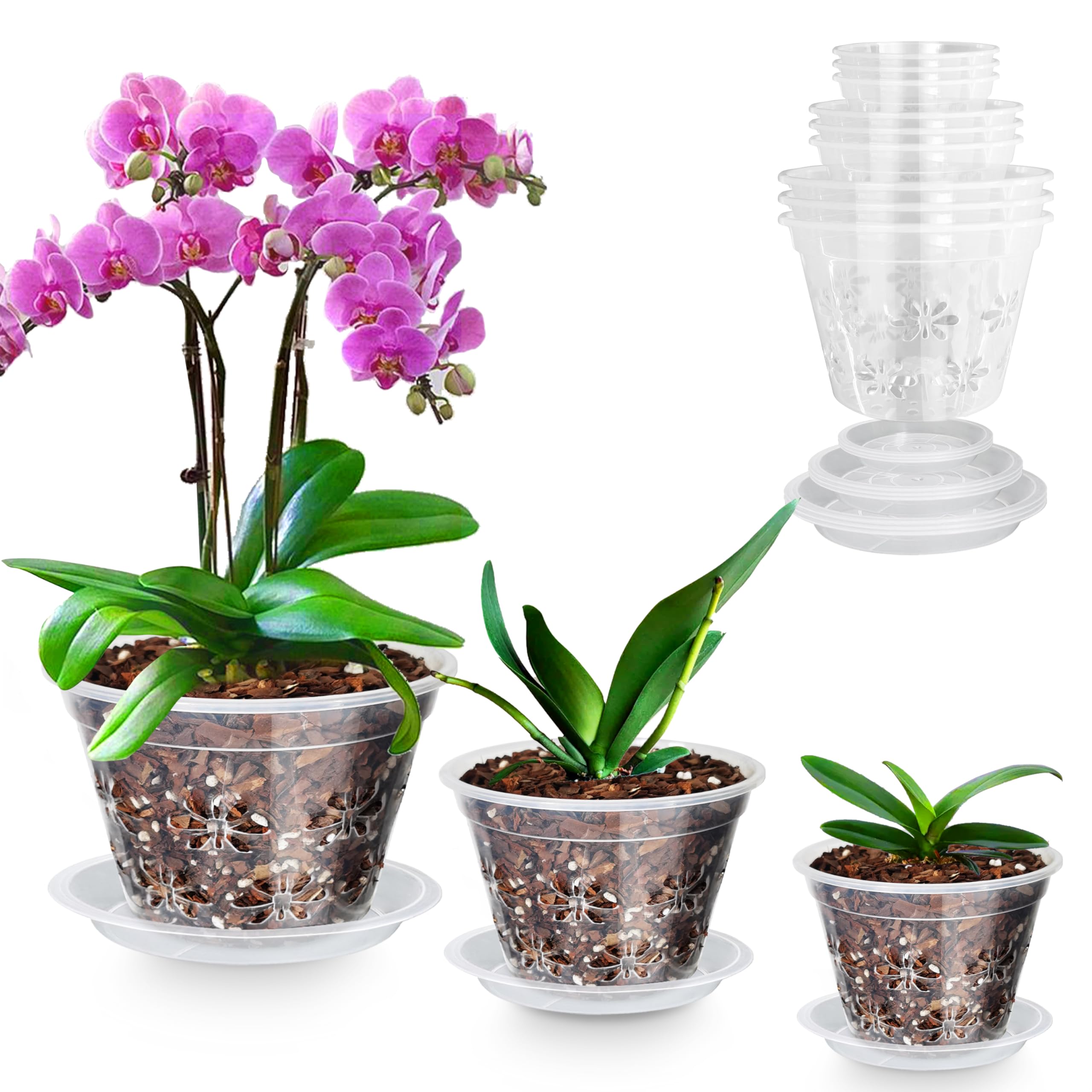 Orchid Pot 9 Pack | 3 of Each 4,5,6Inch,Orchid Pots with Holes & Saucers - Clear Plastic Pot for Repotting, Breathable Ventilation Planters for Phalaenopsis, Dendrobium & Oncidium Orchids