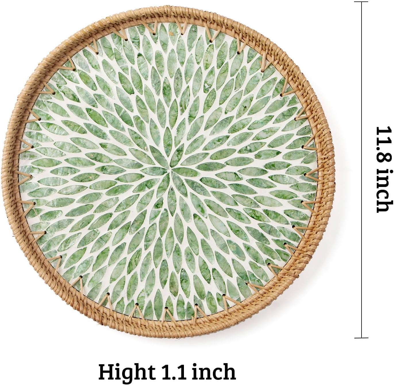 Round Rattan Tray with Mother of Pearl Inlay, Decorative Wicker Serving Tray with Wooden Base, Woven Basket Trays for Bread Fruits Coffee, Leaf - Image 3