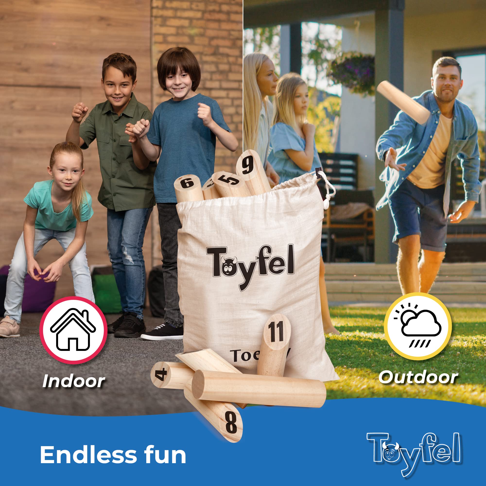 Toyfel Juego de Bolos de Madera Tölky - Bolos finlandeses - Kubb con números - Juego al Aire Libre Juego Madera Juegos Jardin