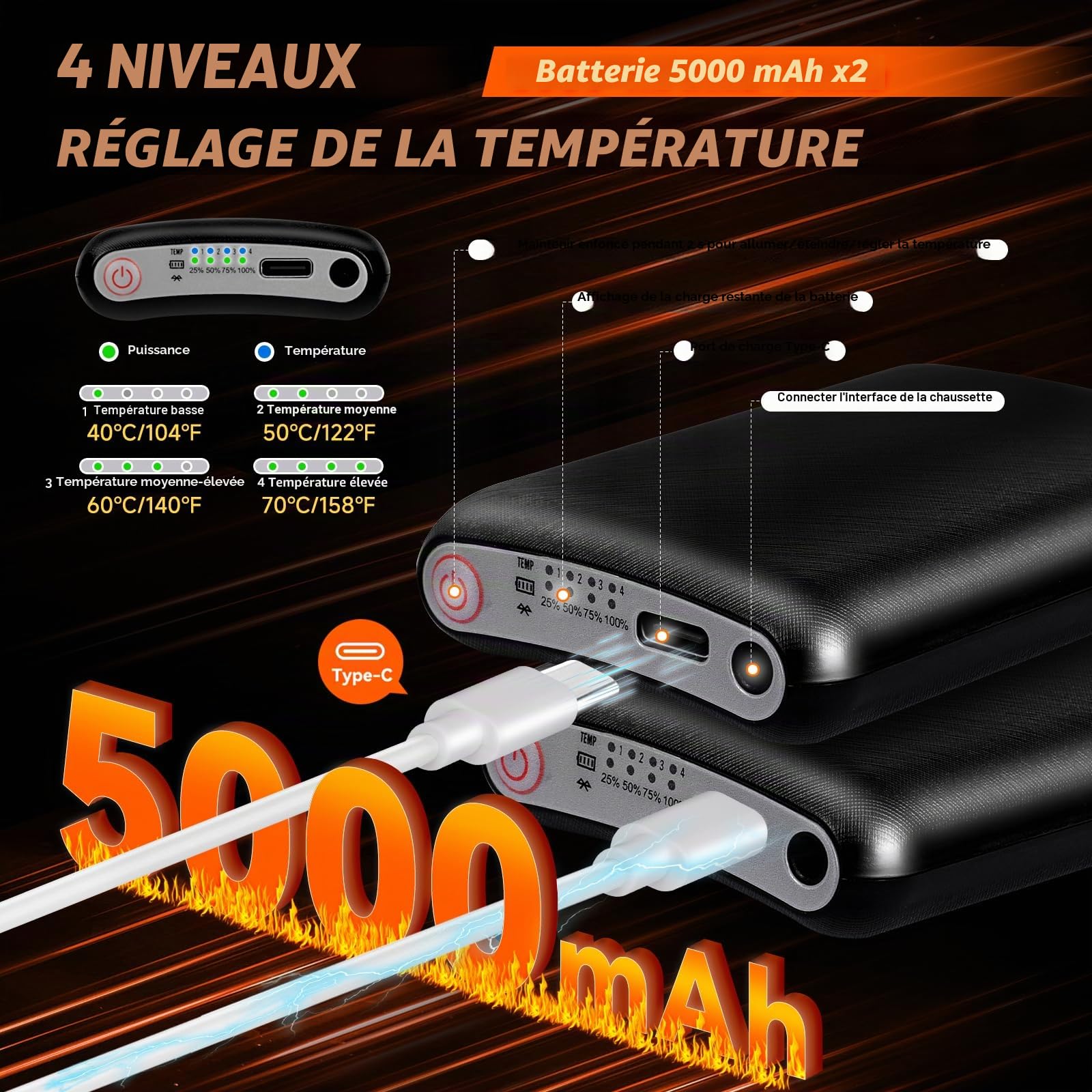 Chaussettes Chauffantes 5000mAh x 2 Batterie Rechargeable Contrôle APP 4 Températures pour Ski