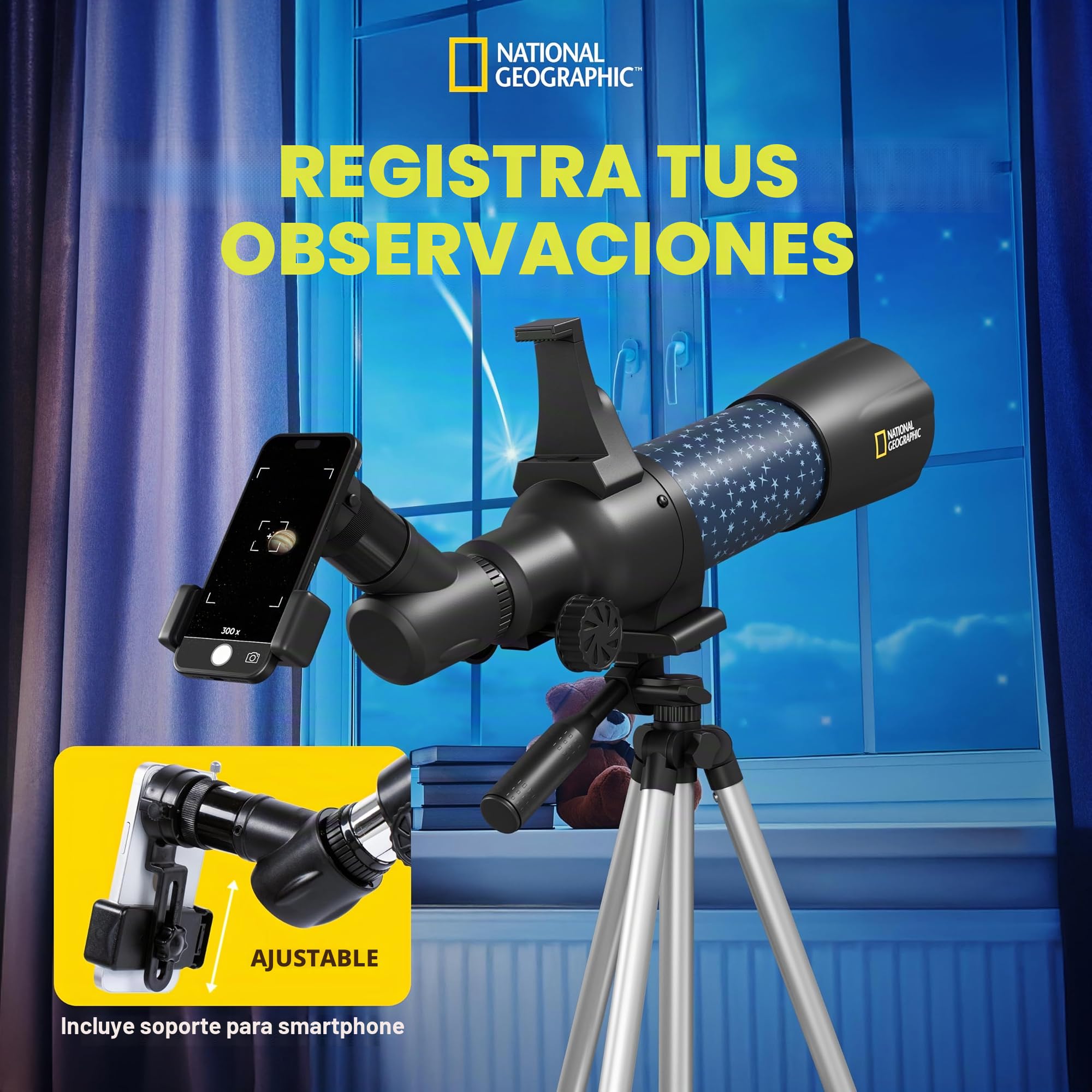 National Geographic Smart AR - Telescopio Infantil con trípode, Mochila, Soporte para Smartphone y aplicación de Realidad Aumentada