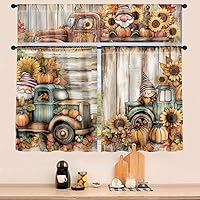 Vista 5 de Juego de cortinas de cocina de calabaza de 3 piezas, cenefa y niveles con bolsillo para barra, 58 pulgadas de ancho x 14 pulgadas de alto + 28